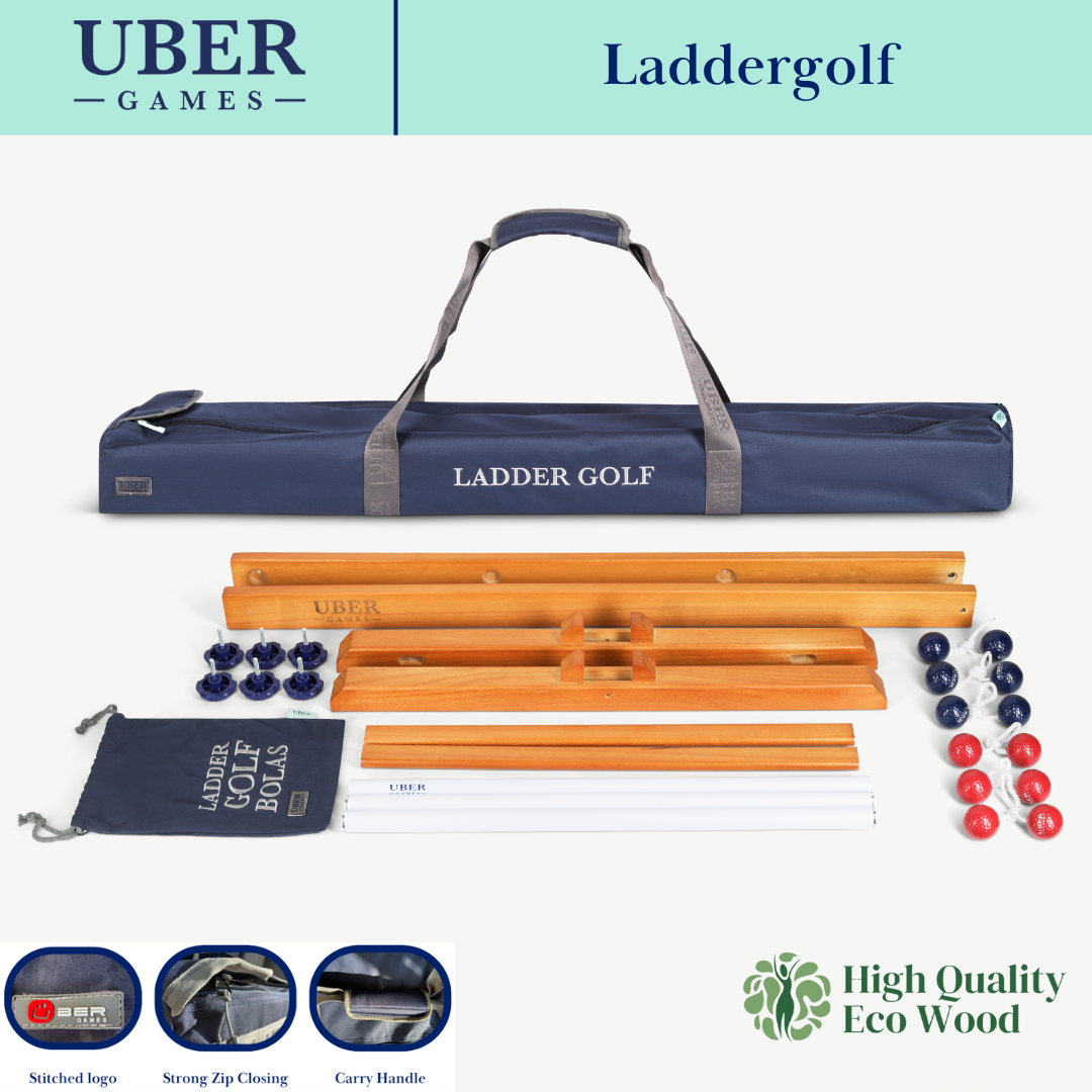 Ladder Golf Set mit Holzrahmen, Bolas und einer Tragetasche.