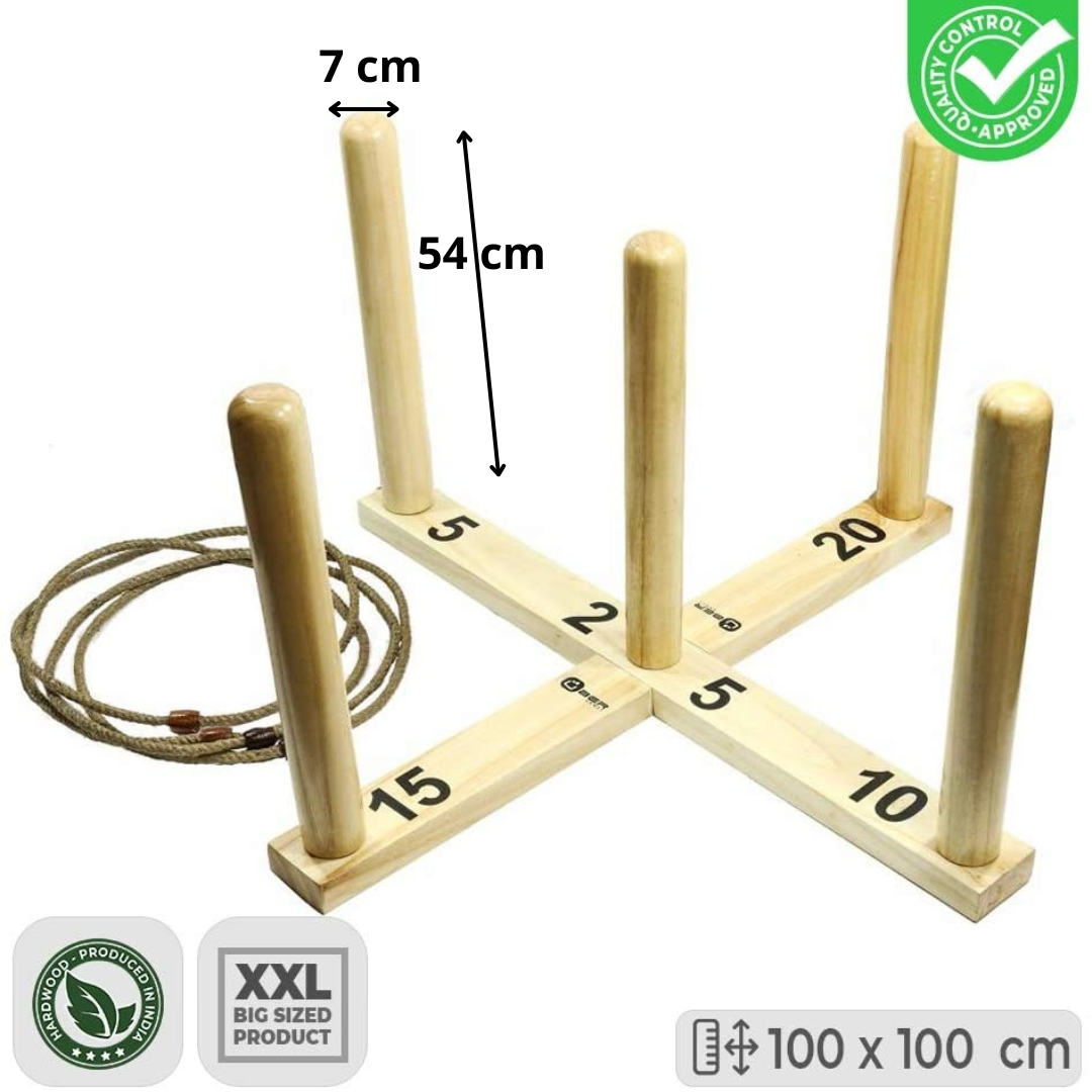Riesiges Ringwurfspiel-Set. Holzkonstruktion mit Maßen und Seilringen.