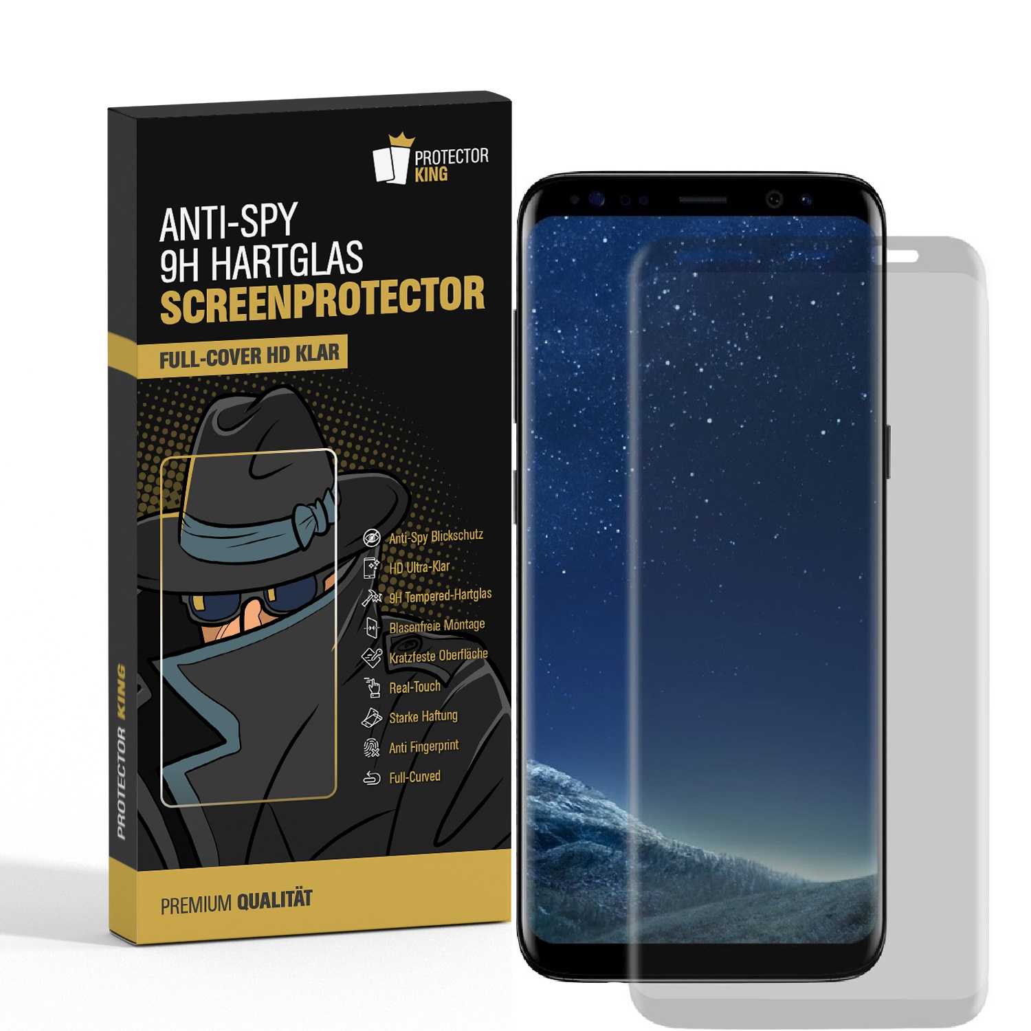 Displayschutzfolienbox und Telefon mit angebrachter Schutzfolie.