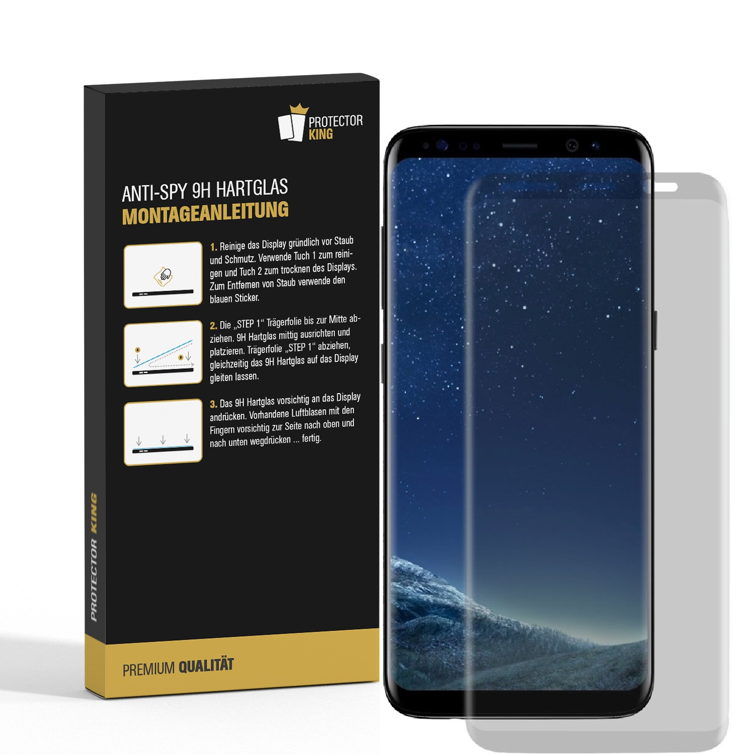 Schwarze Box mit Anweisungen für Displayschutz. Ein Telefon mit Displayschutz und Displayschutz im Hintergrund.