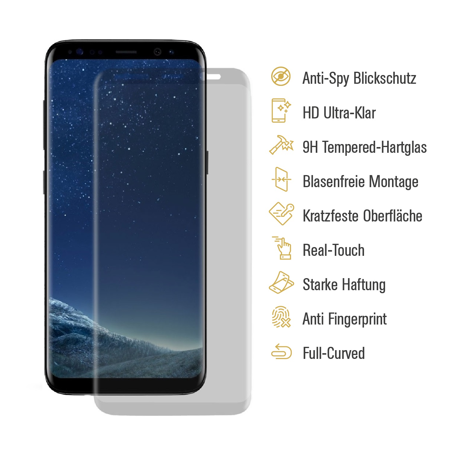 Smartphone mit Displayschutz, Textlabels: Anti-Spy, HD Ultra-Klar, 9H gehärtet, Blasenfreie Montage, Kratzfeste Oberfläche.