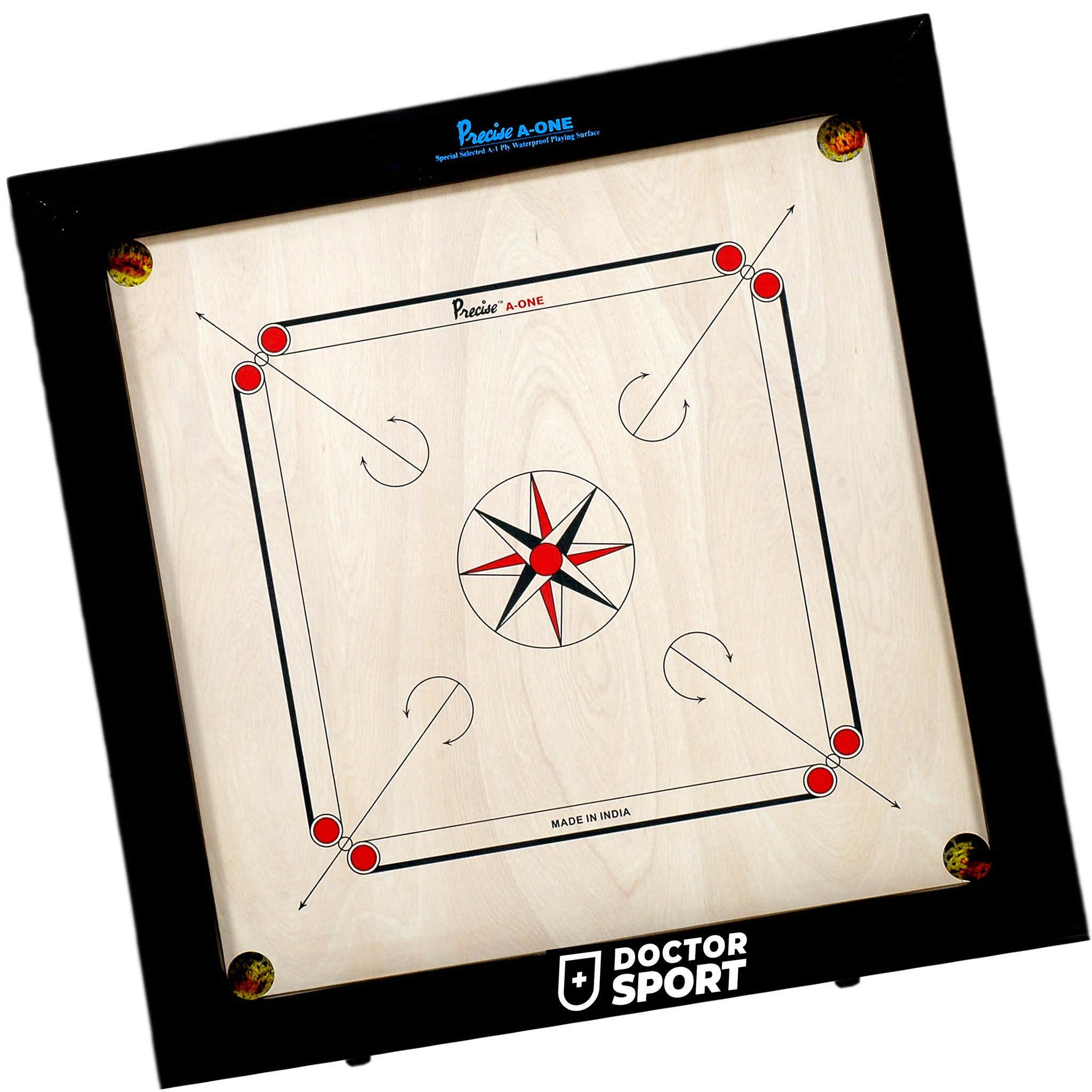 Ein Carrom-Brett mit schwarzem Rahmen, einer Spieloberfläche aus Holz und roten und gelben Spielsteinen.