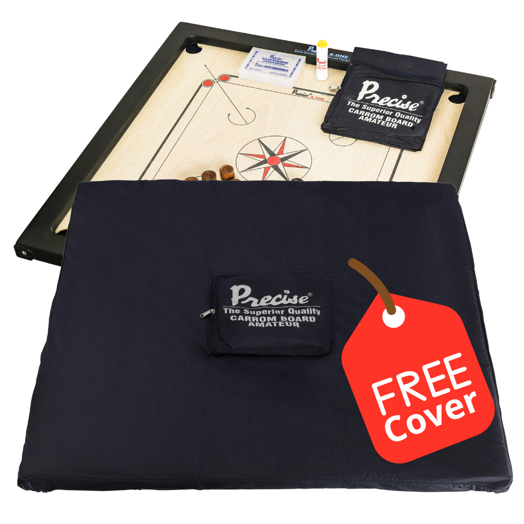 Carrom-Brett mit Abdeckung und Zubehör. Schwarzer Rahmen. Etikett mit der Aufschrift 'KOSTENLOSE Abdeckung'.