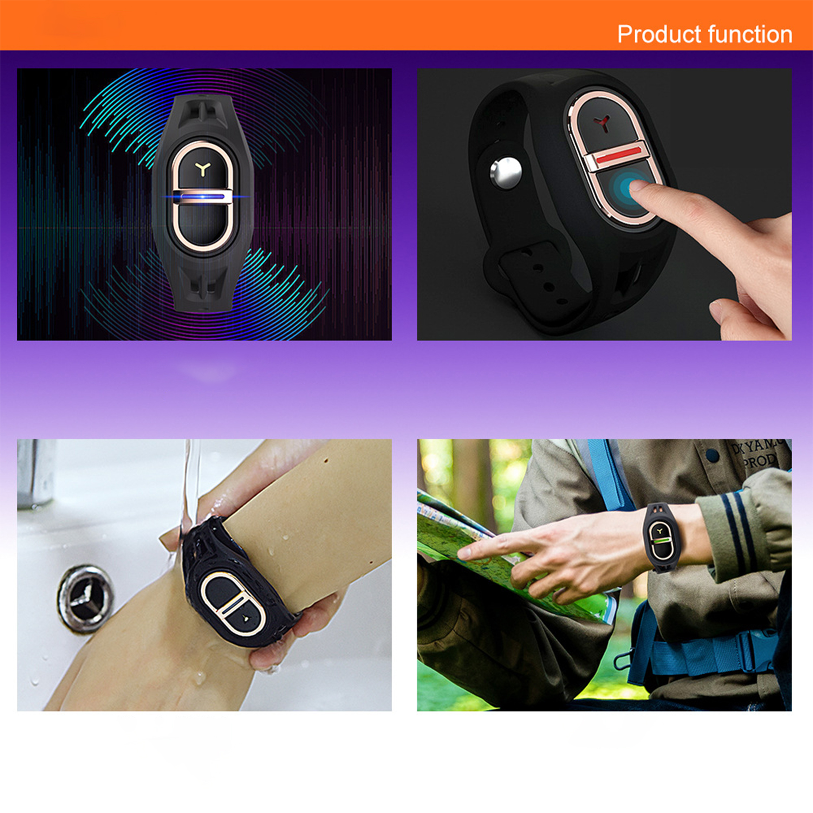 Eine Smartwatch mit schwarzem Armband wird in verschiedenen Szenarien verwendet, die ihre Funktionen zeigen.