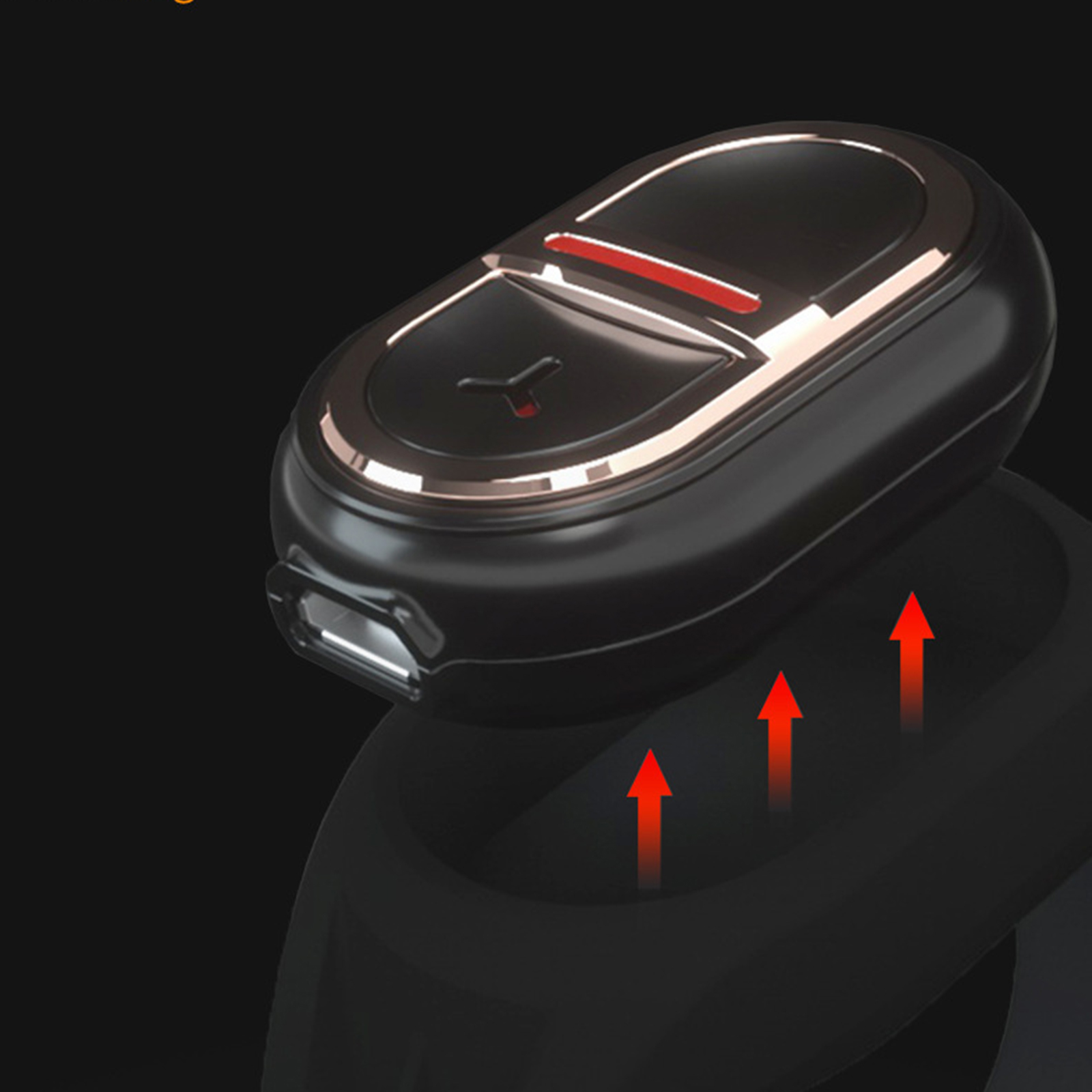 Nahaufnahme der schwarzen Smartwatch. Rote Pfeile, die nach oben zeigen, zeigen einen Knopf an.