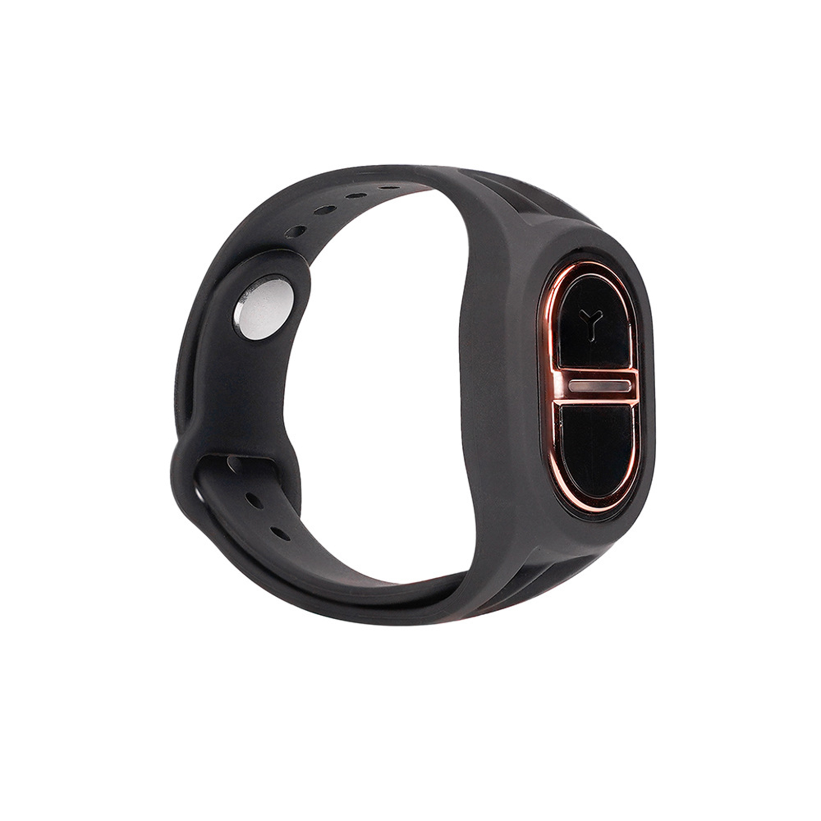 Schwarze Smartwatch mit goldenem Rand. Seitenansicht.