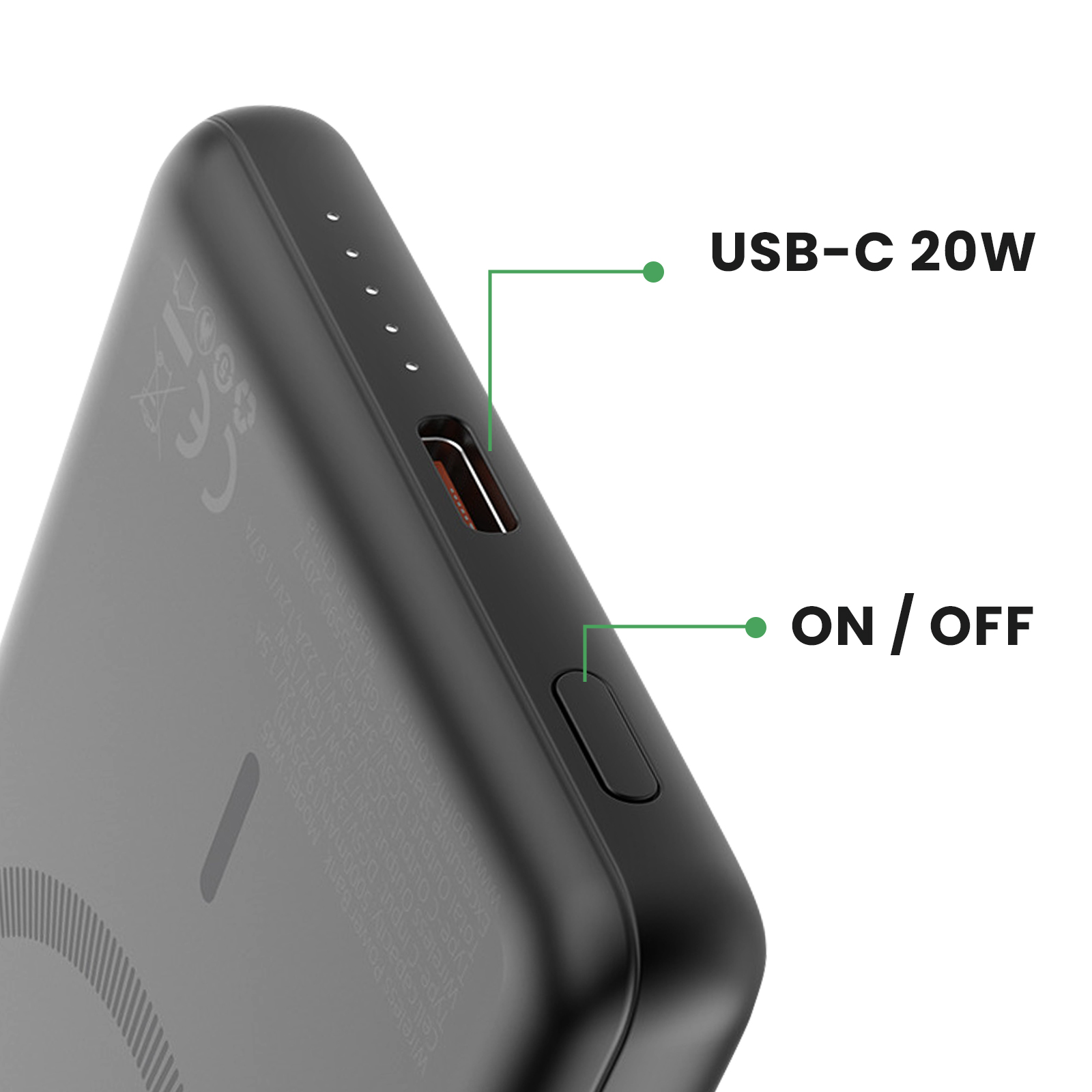 Batterie externe noire. Texte : USB-C 20W, ON/OFF. Avec port USB-C et bouton marche/arrêt.