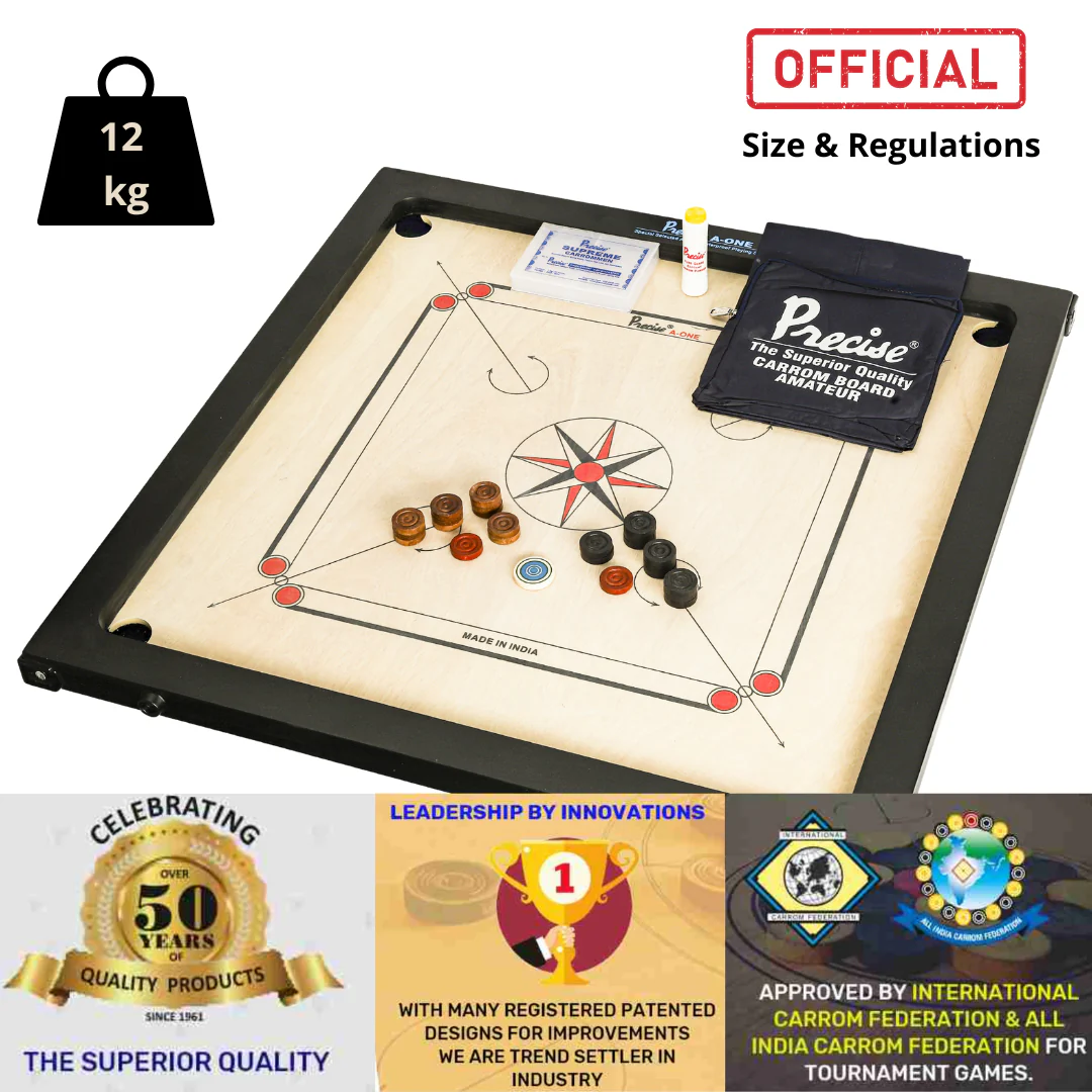 Carrom-Brett mit Zubehör, schwarzer Rahmen, beigefarbene Oberfläche und Markenlogos.