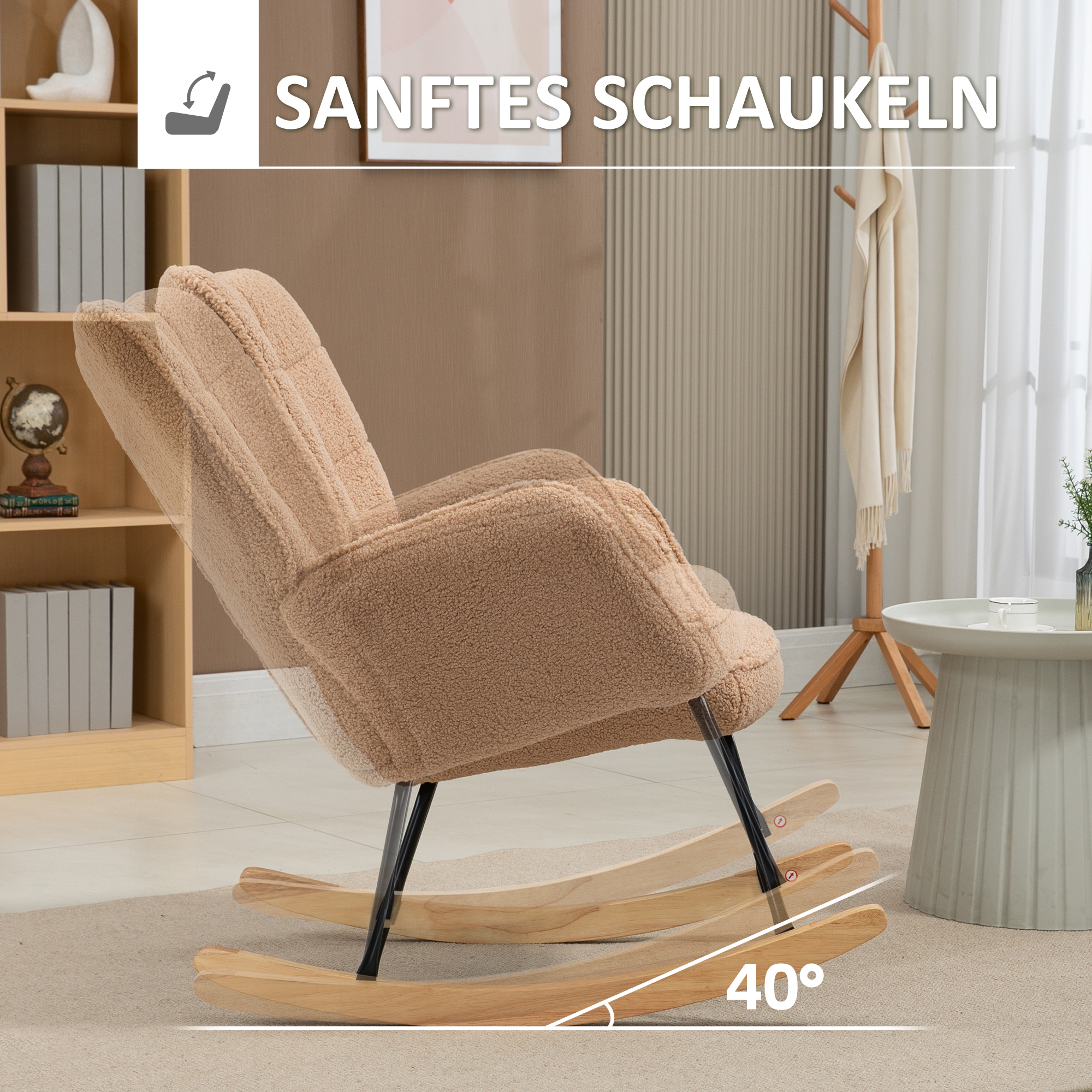 Beiger Schaukelstuhl mit schwarzen Beinen und leichter Schaukelbewegung.