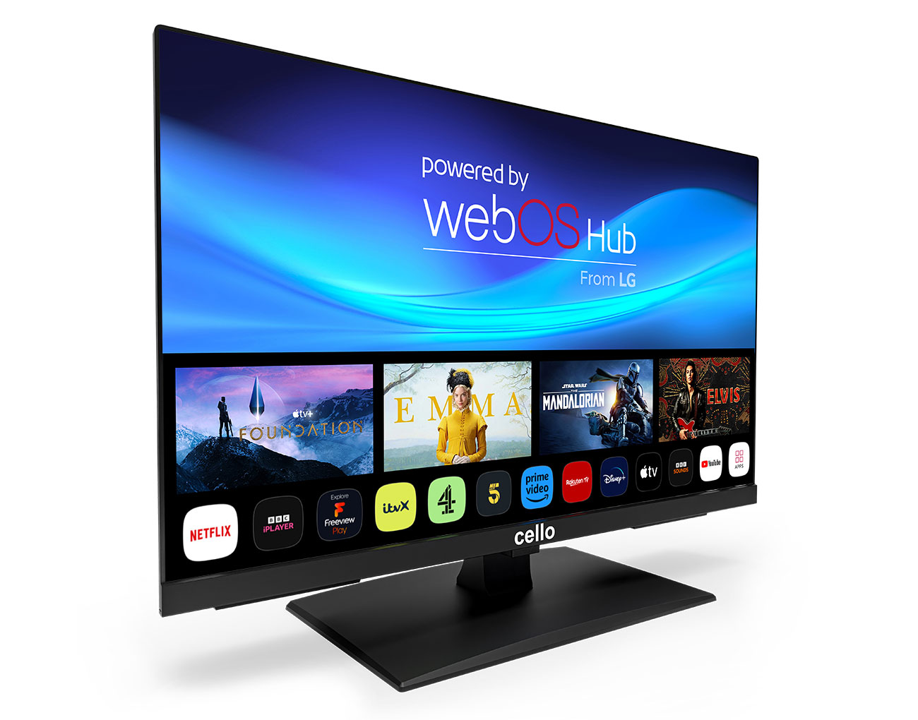 Schwarzer Cello-Fernseher mit farbenfrohem Bildschirm, WebOS Hub Logo.