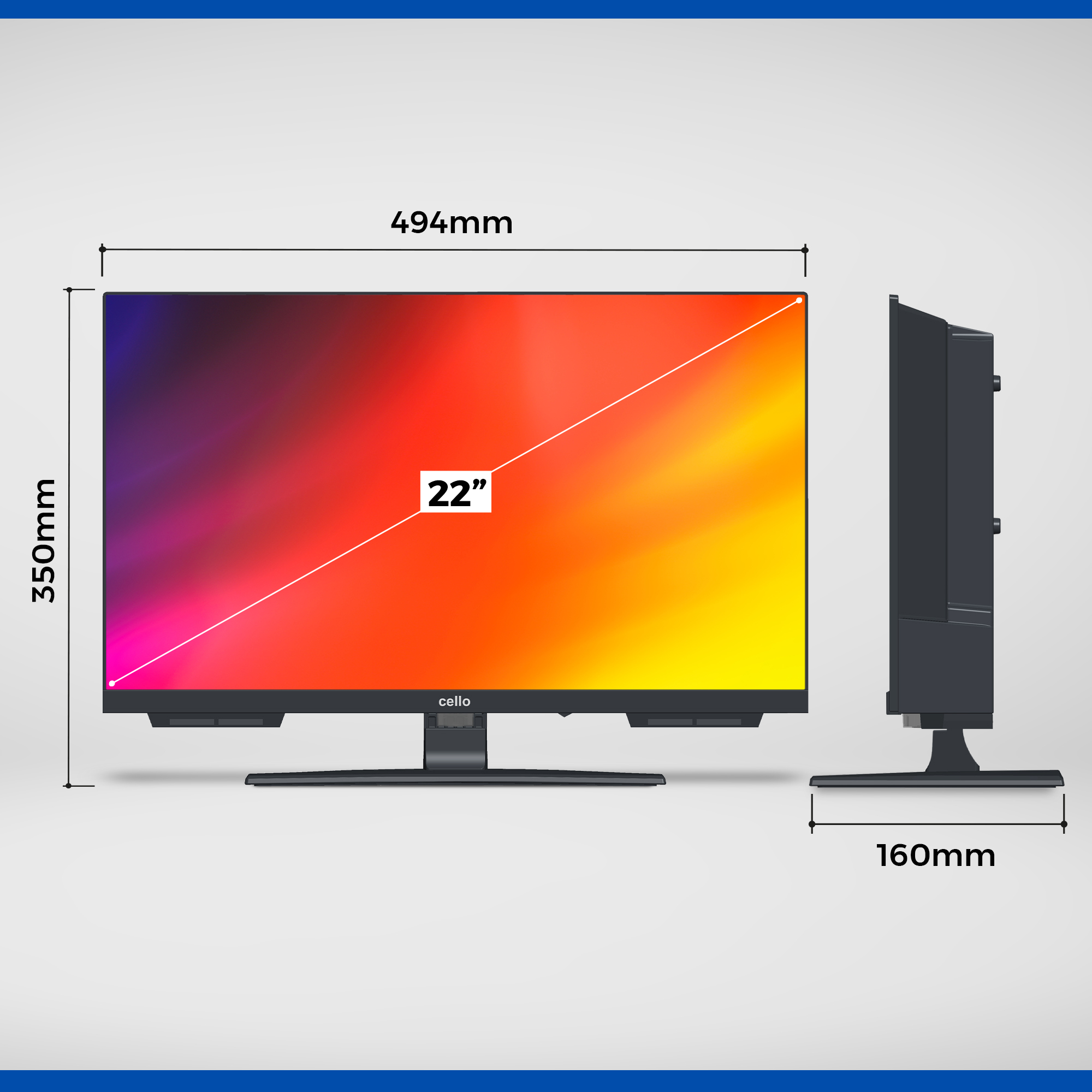 22-Zoll-Cello-Fernseher mit farbenfrohem Bildschirm. Abmessungen sichtbar.