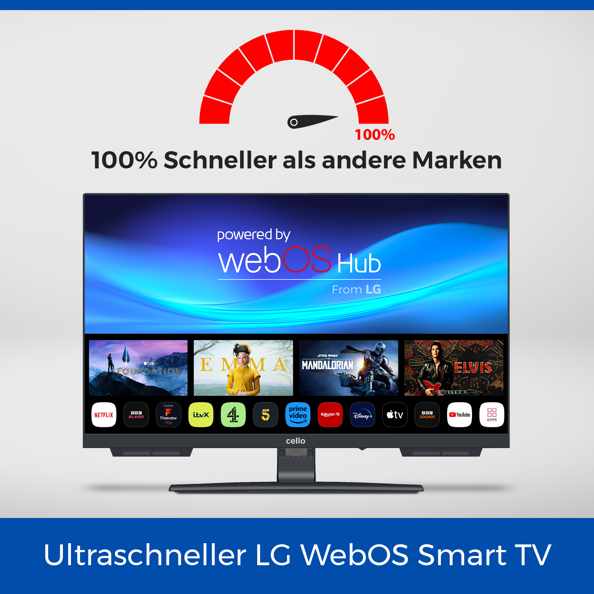 LG Smart-TV-Bildschirm, der verschiedene Streaming-Dienst-Symbole zeigt. Der Text besagt, dass es 100 % schneller ist.