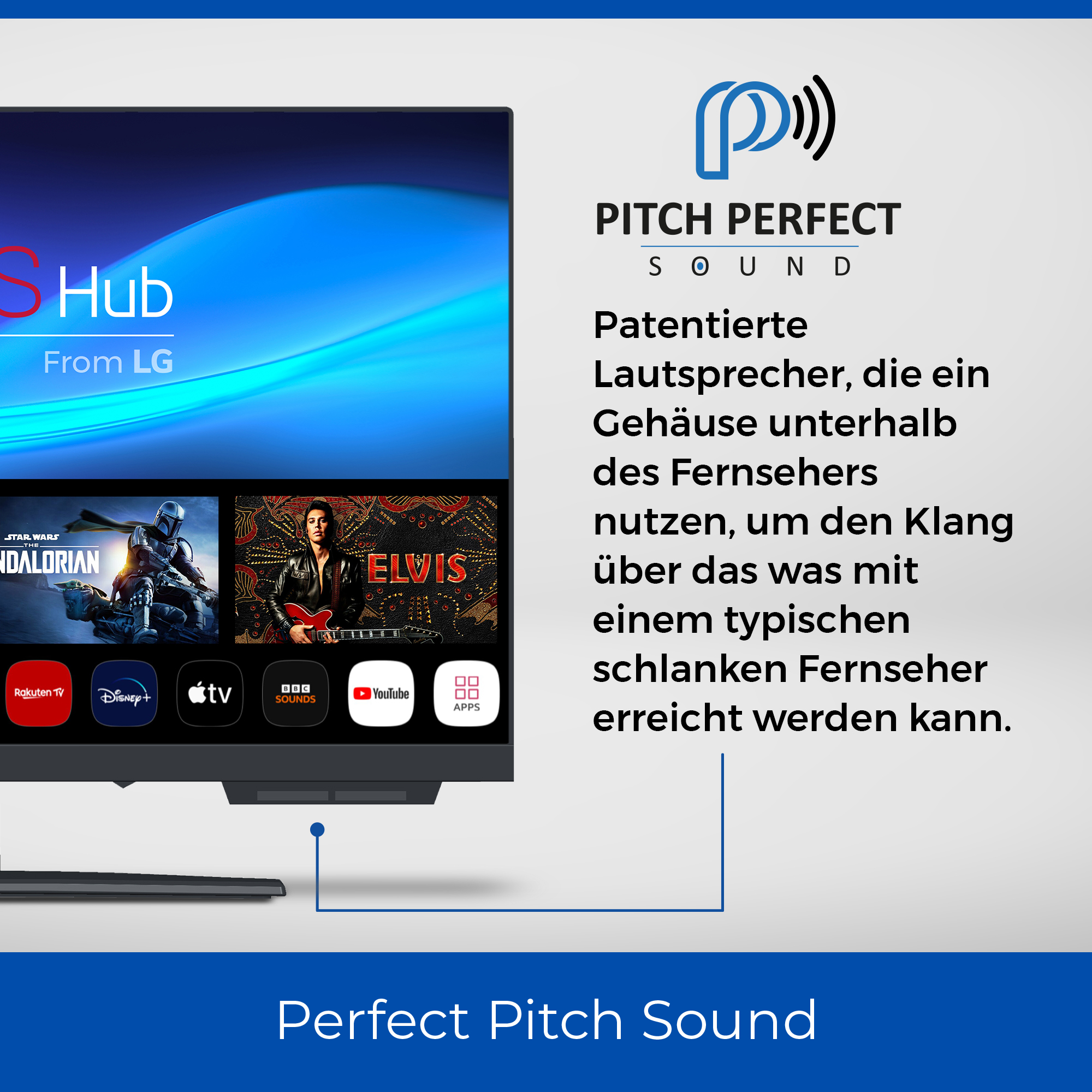 Großer Fernsehbildschirm mit Filmszenen, Text 'Perfect Pitch Sound' und LG-Logo.