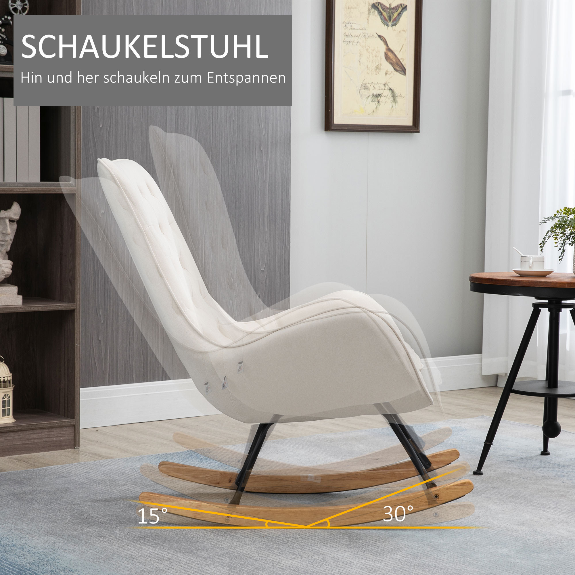 Beiger Schaukelstuhl mit schwarzen Beinen. Zeigt die Schaukelbewegung und Text auf Deutsch.