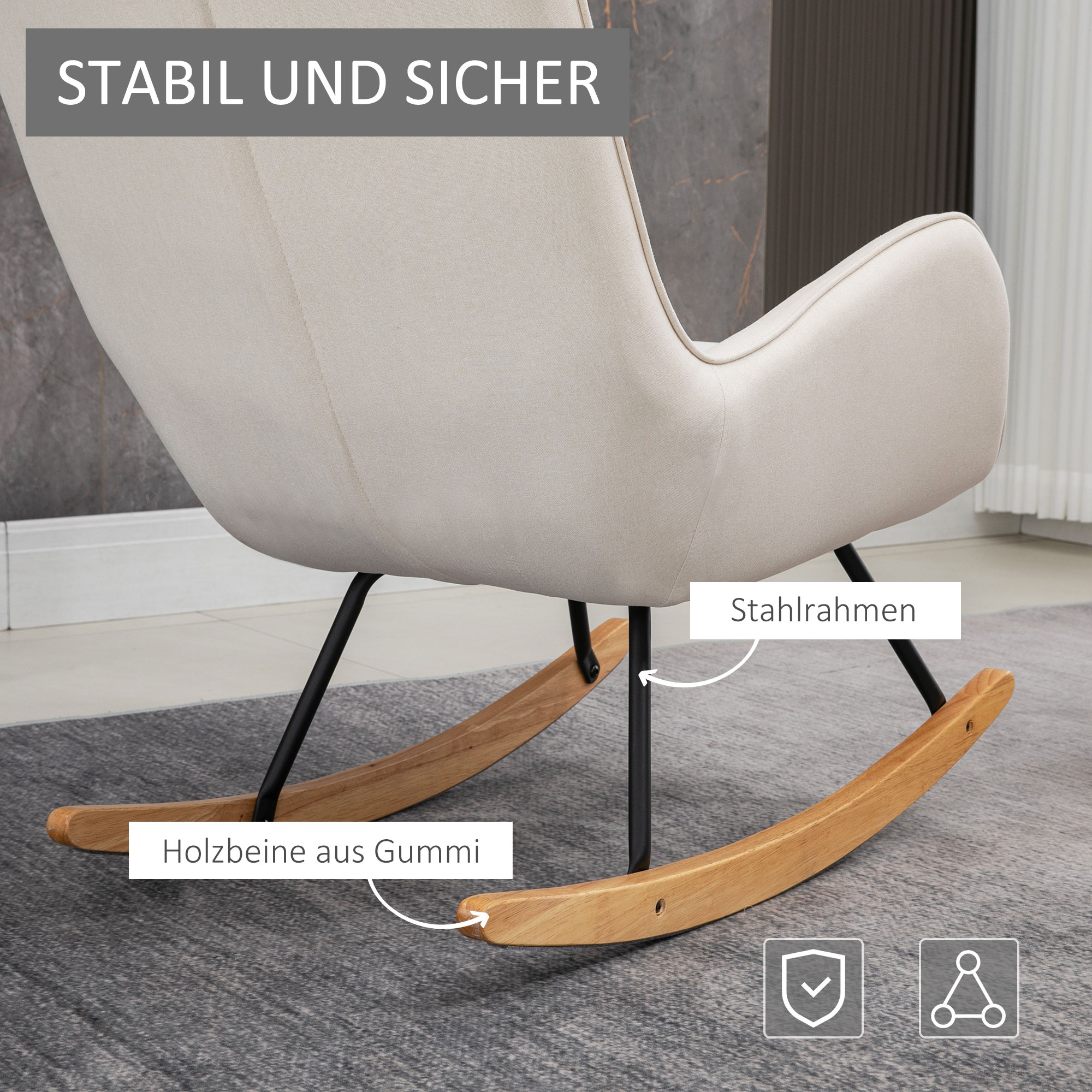 Nahaufnahme der Basis eines Schaukelstuhls mit Holzwippen und schwarzem Metallrahmen. Der Stuhl ist cremefarben.
