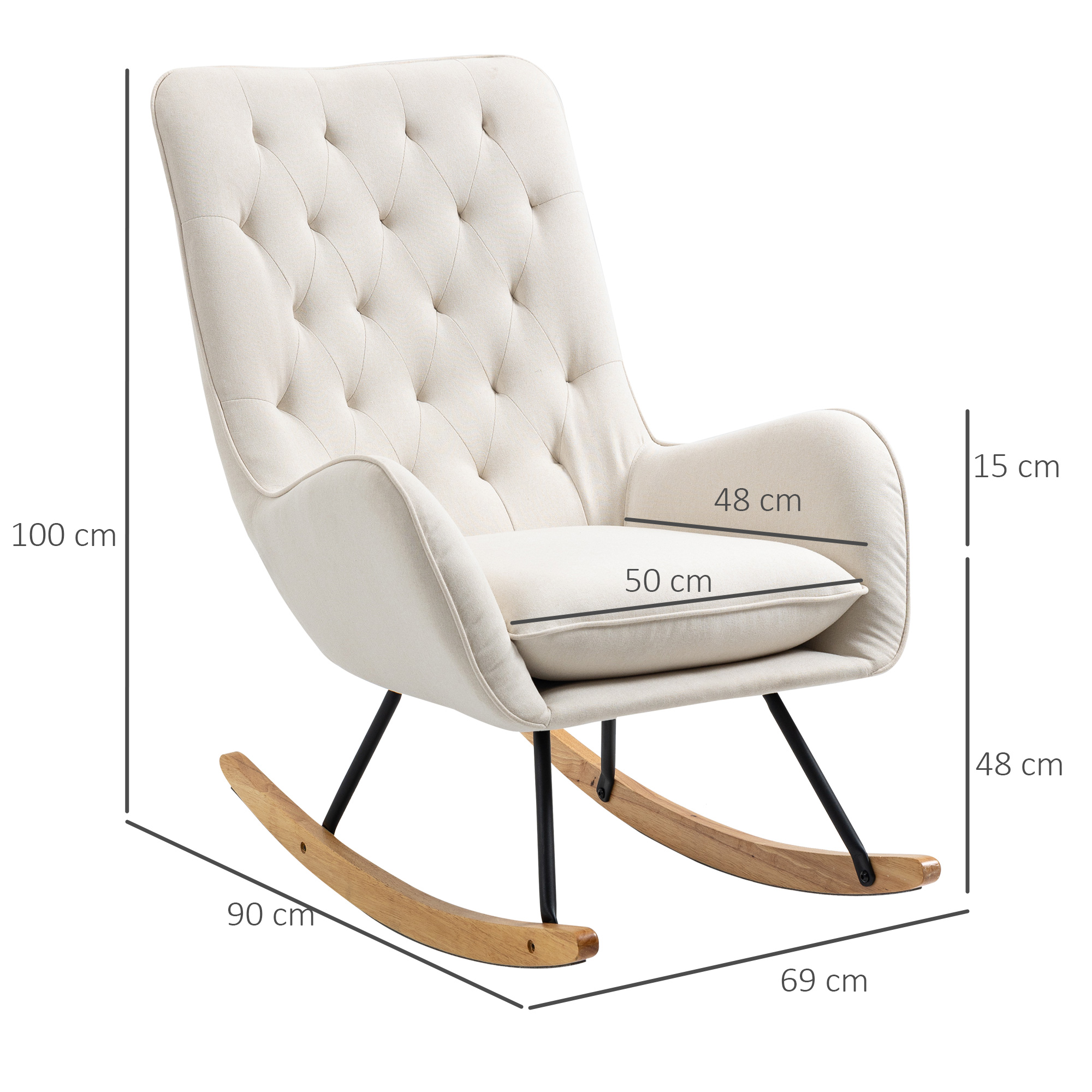 Cremefarbener Schaukelstuhl mit Knopfheften, Holzschaukeln und schwarzen Stützen. Abmessungen angegeben.