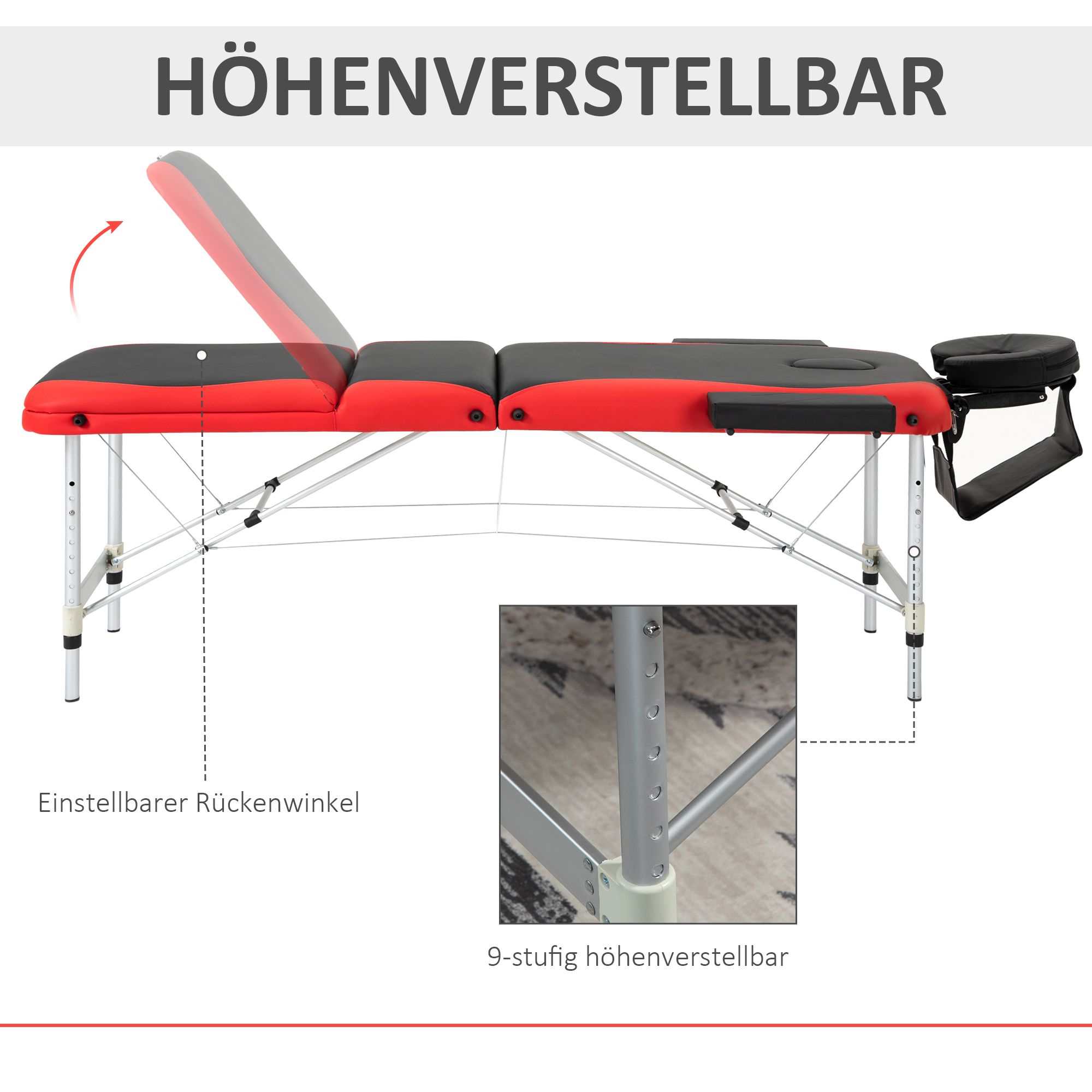 Verstellbare Massageliege, rot und schwarz, mit verstellbarer Rückenlehne und kleinem Kopfteil.