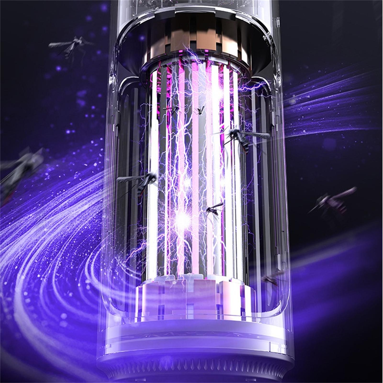 Mückenvernichter emittiert violettes Licht, mit Mücken im Inneren und drumherum. Klarer zylindrischer Körper mit dunklem Hintergrund.