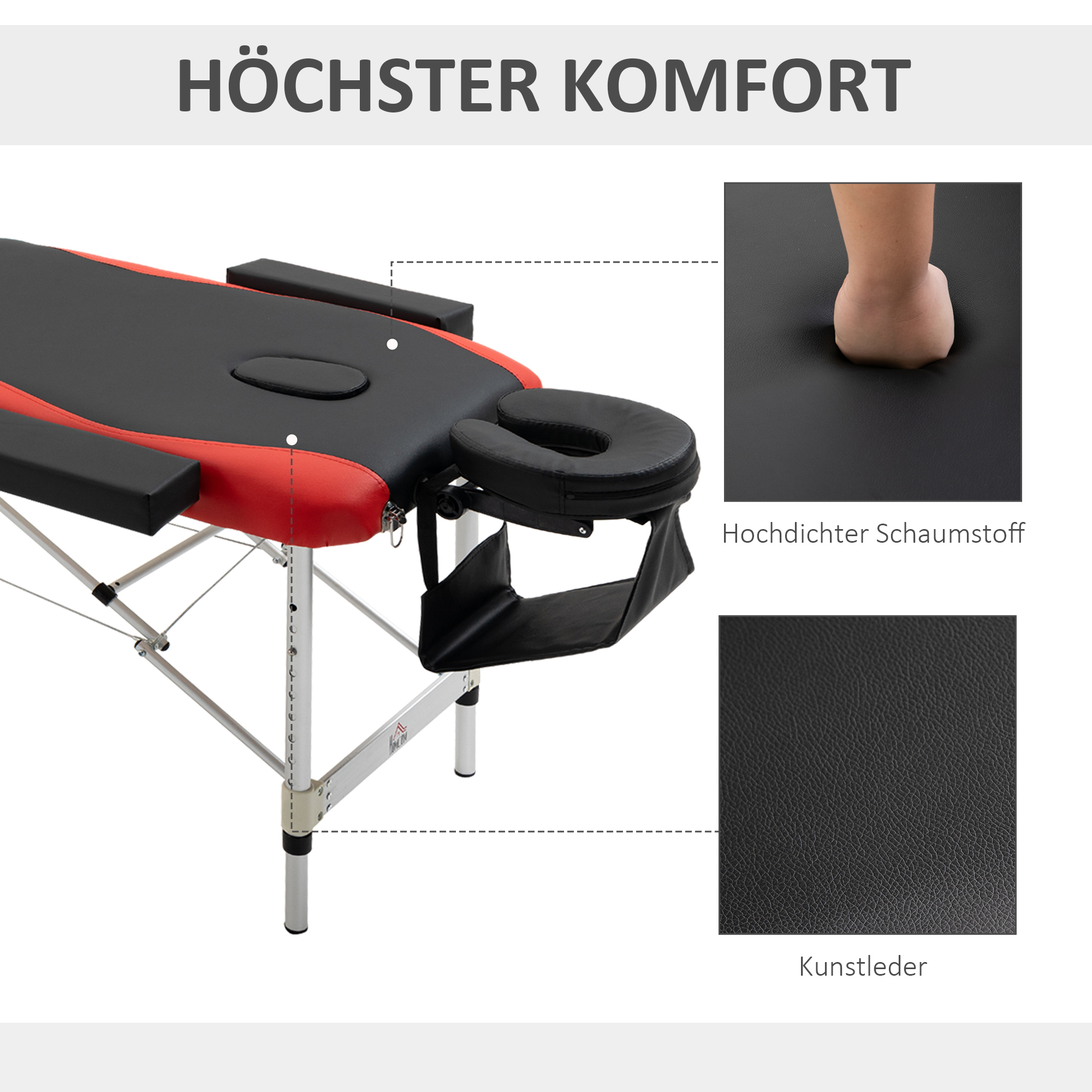 Nahaufnahme eines Massagetisches mit Kopfstütze und Armlehnen. Details aus hochdichtem Schaumstoff und Kunstleder sind zu sehen.