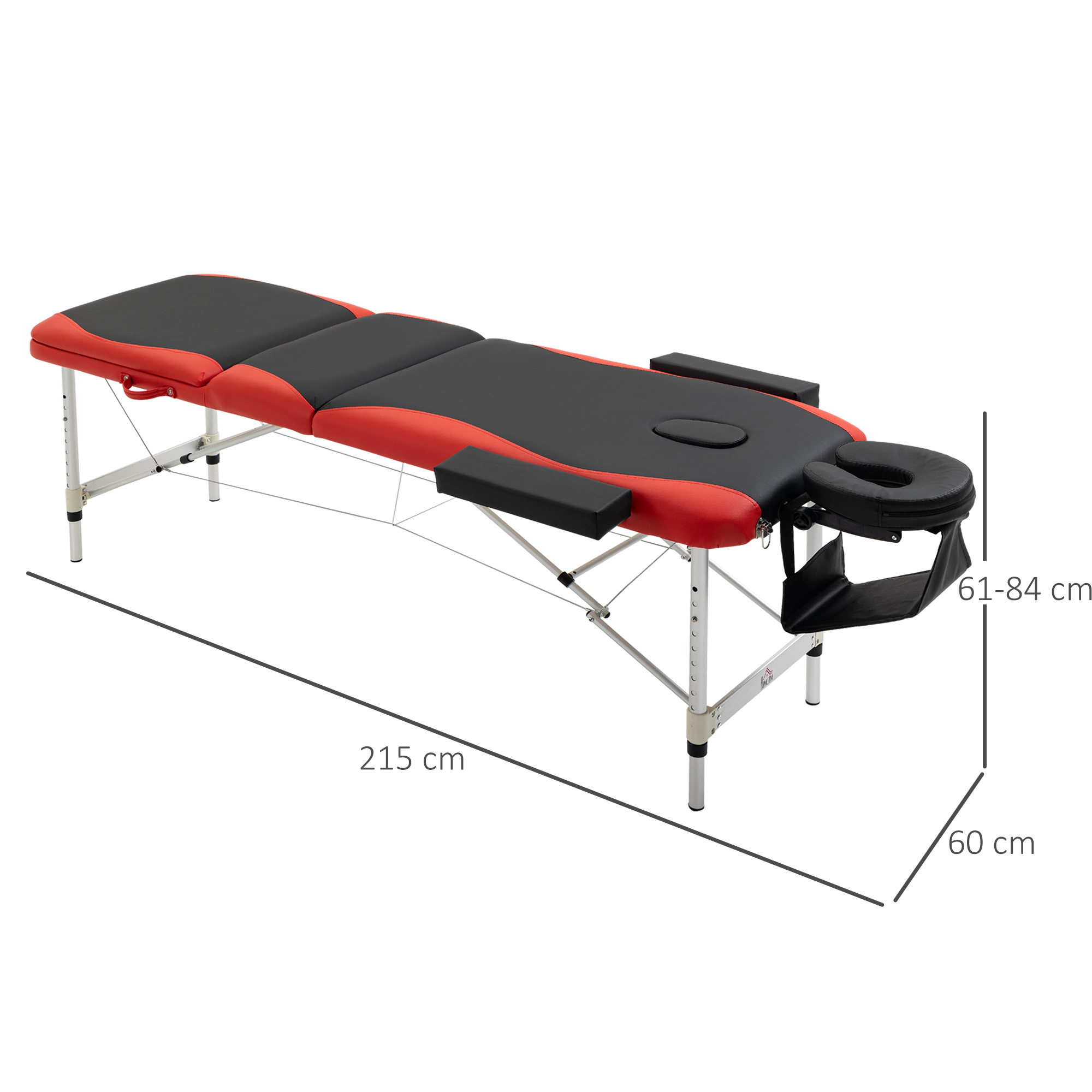 Ein rot-schwarzer Massagetisch mit Abmessungen. Der Tisch hat eine Kopfstütze und Armlehnen.