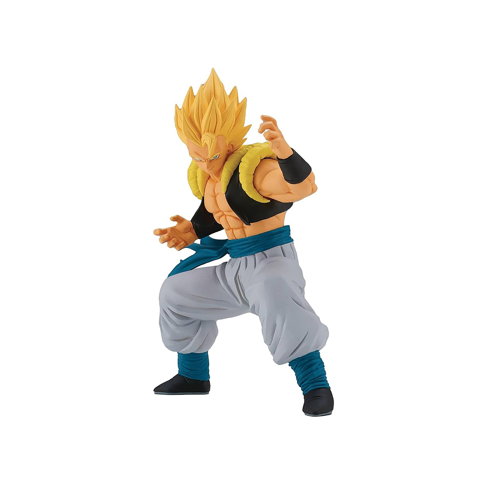 Anime-Figur. Ein goldhaariger, muskulöser Mann mit schwarzer Weste und blauer Hose posiert.
