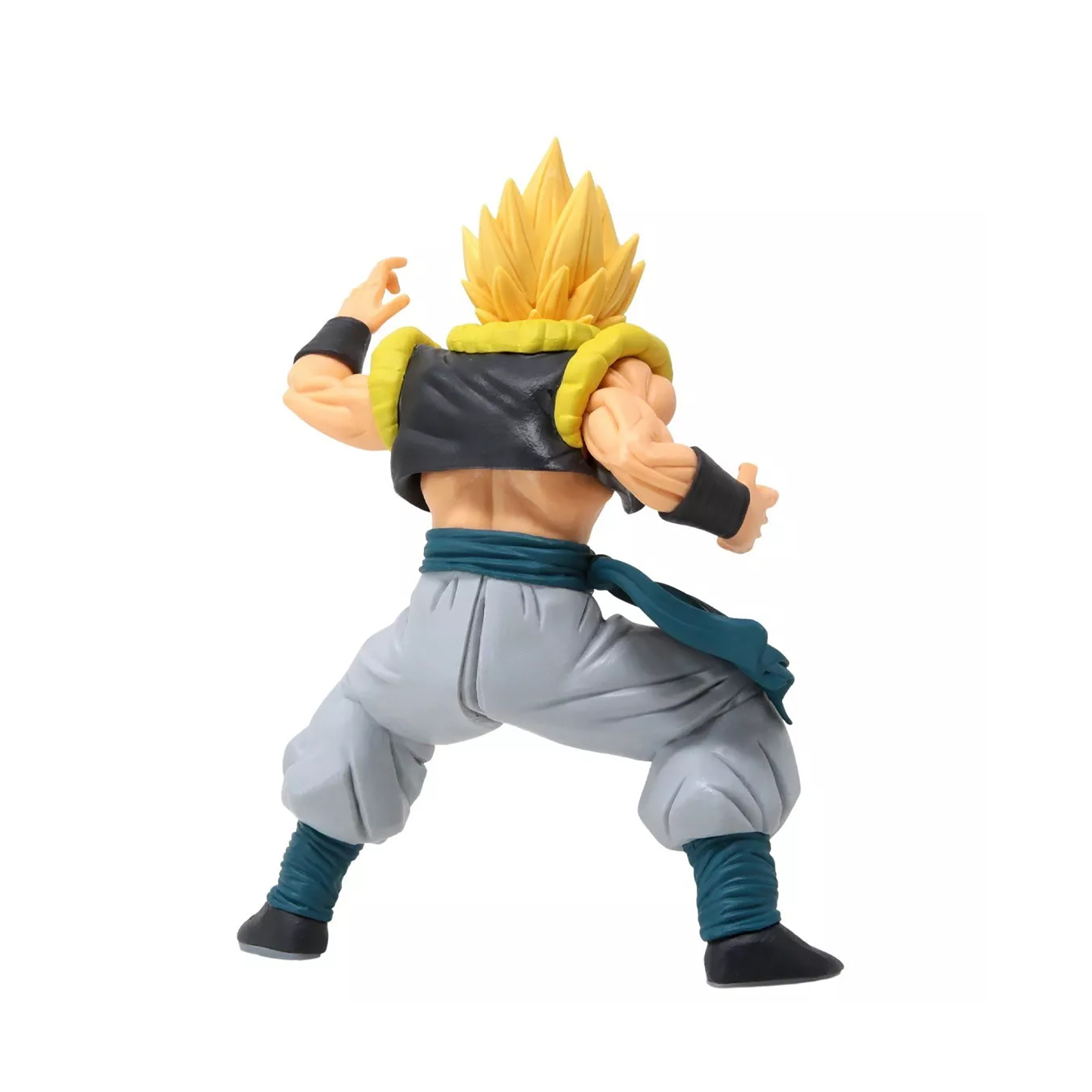 Rückansicht einer gelbhaarigen Anime-Figur in Kampfpose, mit blauer und grauer Kleidung.