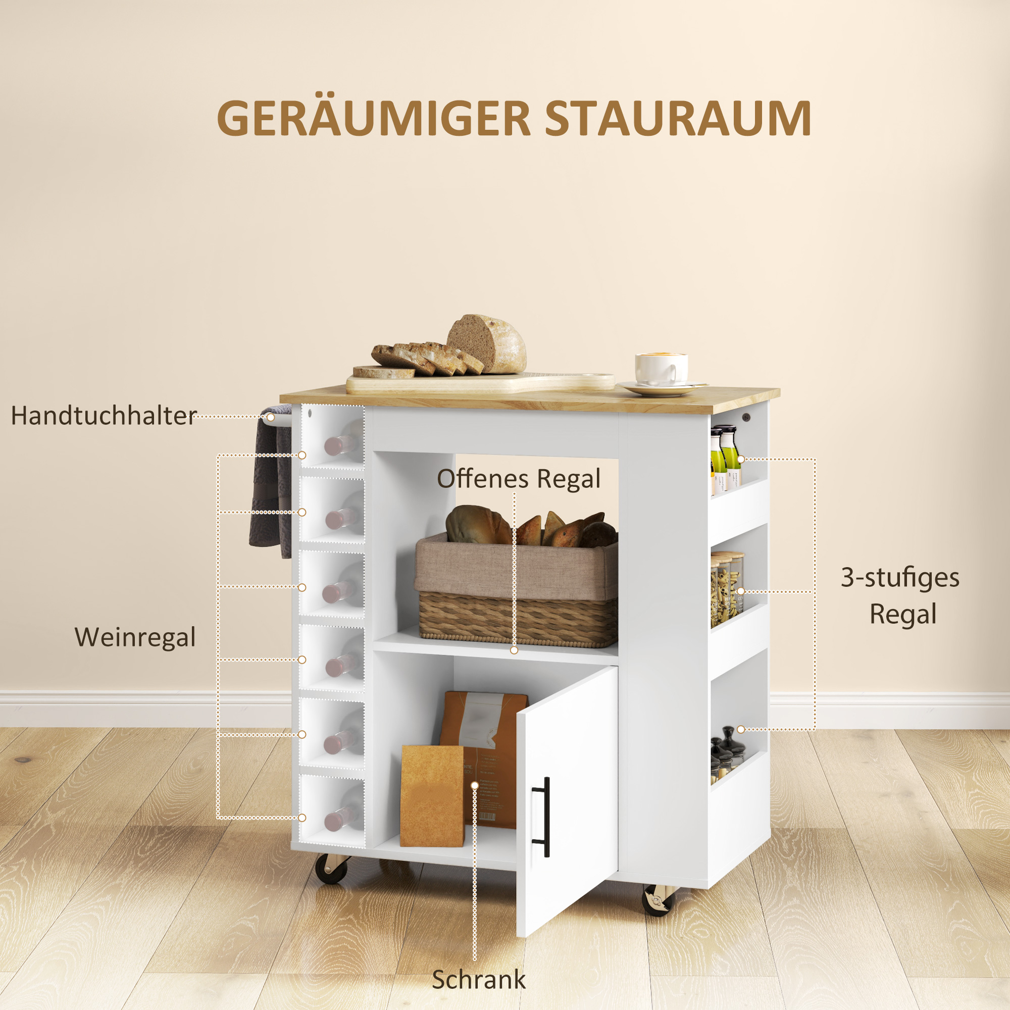 Kücheninsel mit Beschriftungen für Stauraum, Weinregal, Regale und einen Schrank, auf Rädern.