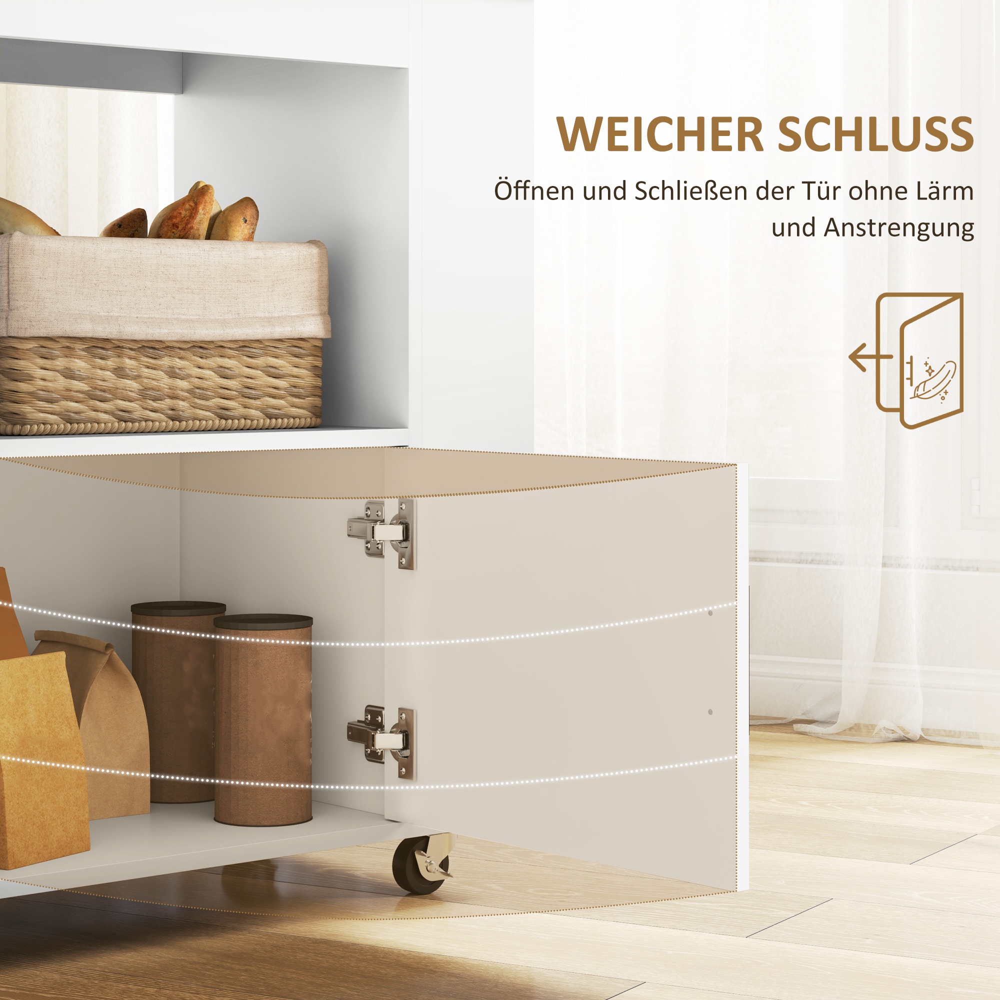 Offener Kücheninsel-Schrank. Drinnen Papiertüten und Behälter. Soft-Close-Tür.