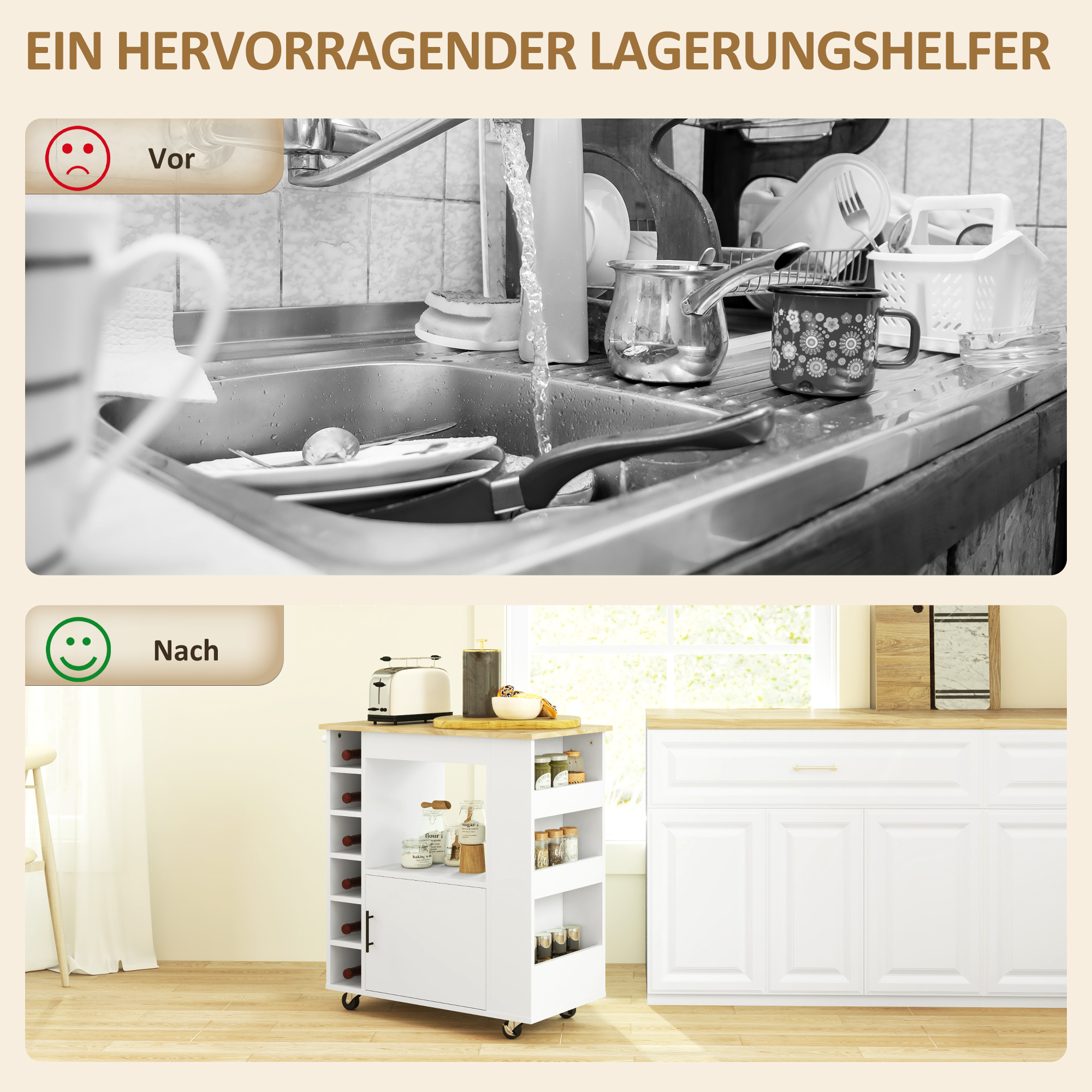 Küchen-Organisationsvergleich. Vorher: Unordentliche Spüle. Nachher: Organisiert Küchenwagen mit Weinregal.