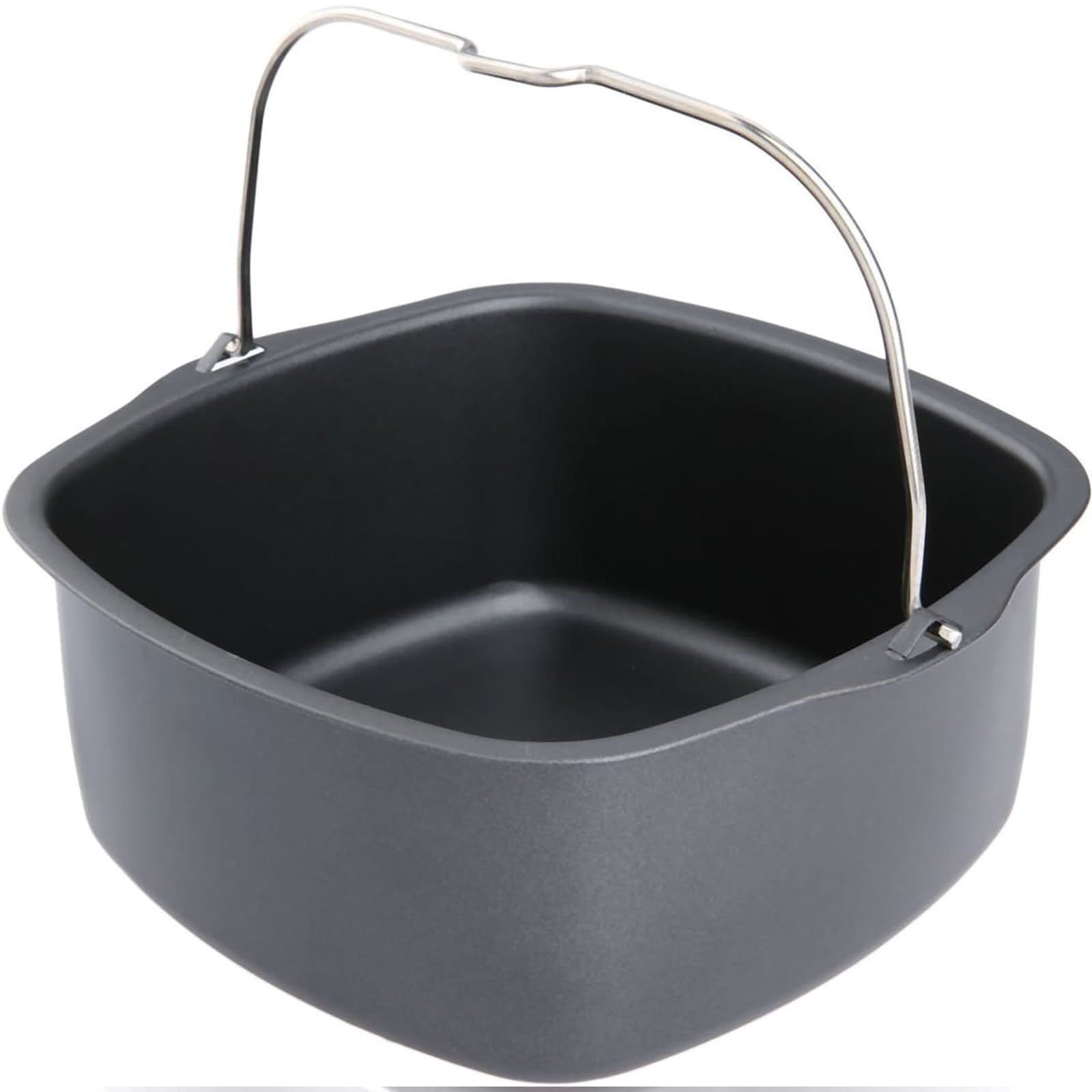 Ein dunkelgrauer quadratischer Behälter für eine Heißluftfritteuse mit einem silbernen Griff.