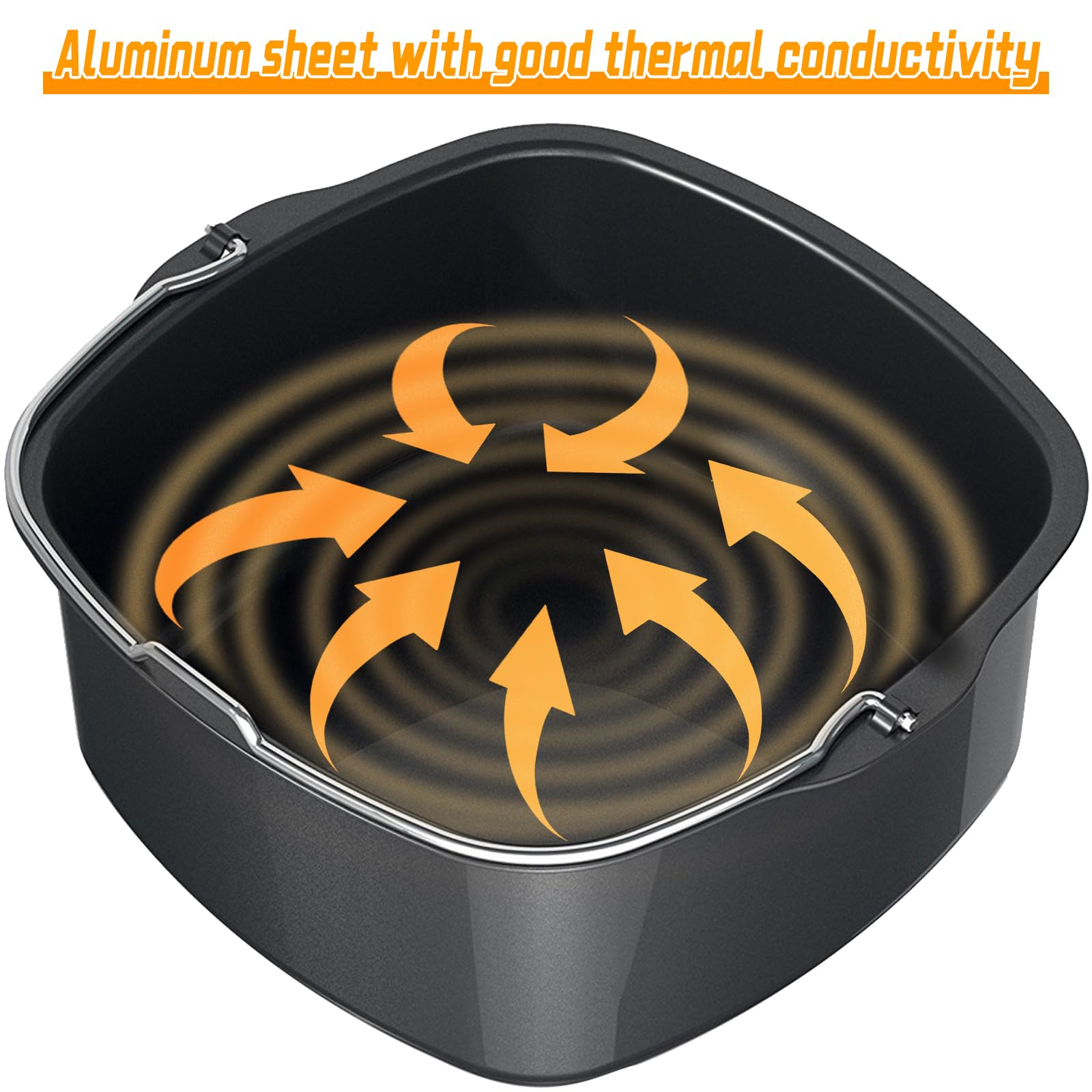 Ein dunkelgrauer Behälter mit orangefarbenen Pfeilen, die die Wärmeverteilung anzeigen. Der Text lautet: Aluminiumblech mit guter Wärmeleitfähigkeit.