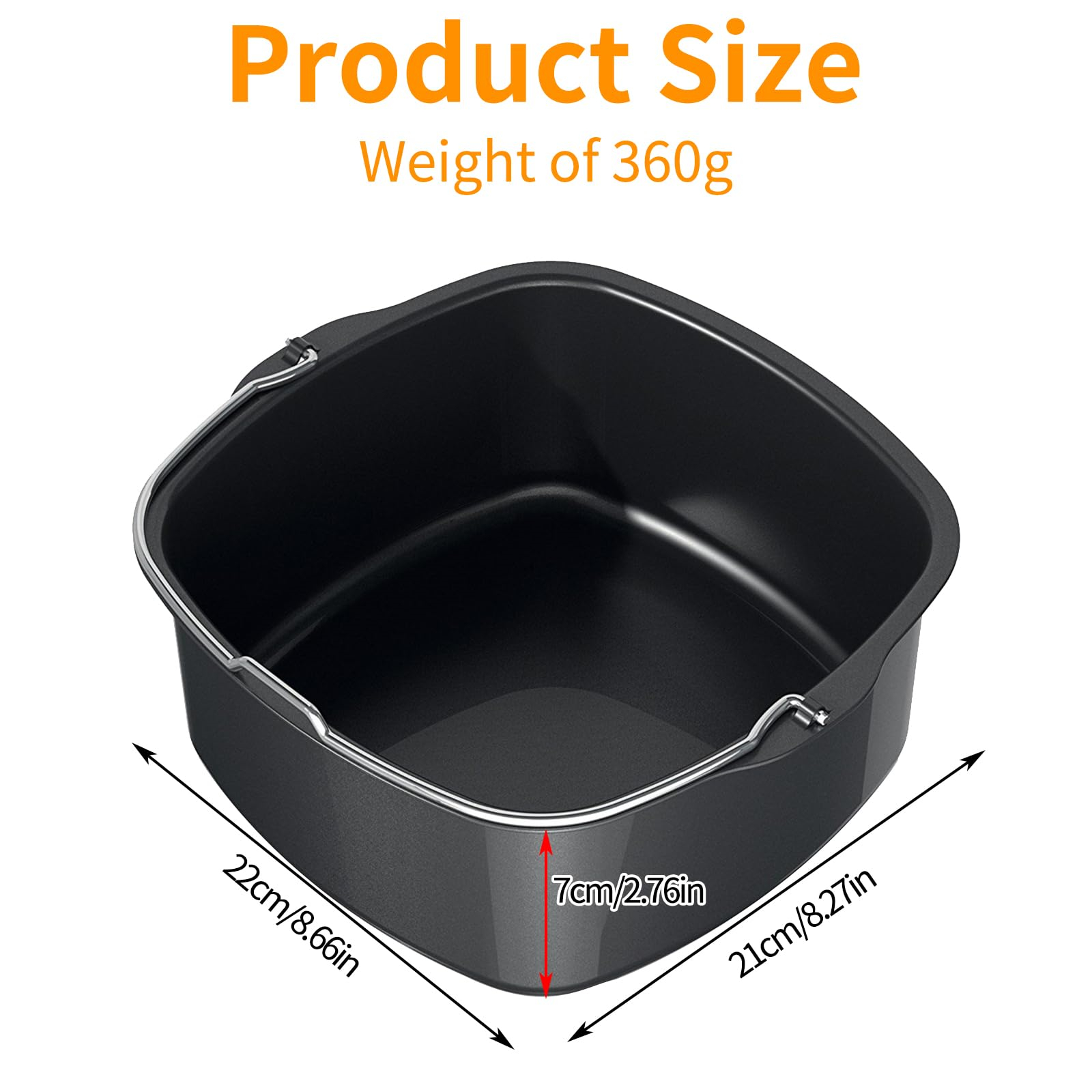 Schwarzer Airfryer-Korb. Abmessungen: 22 cm x 8,66 Zoll, 21 cm x 8,27 Zoll und 7 cm x 2,76 Zoll.