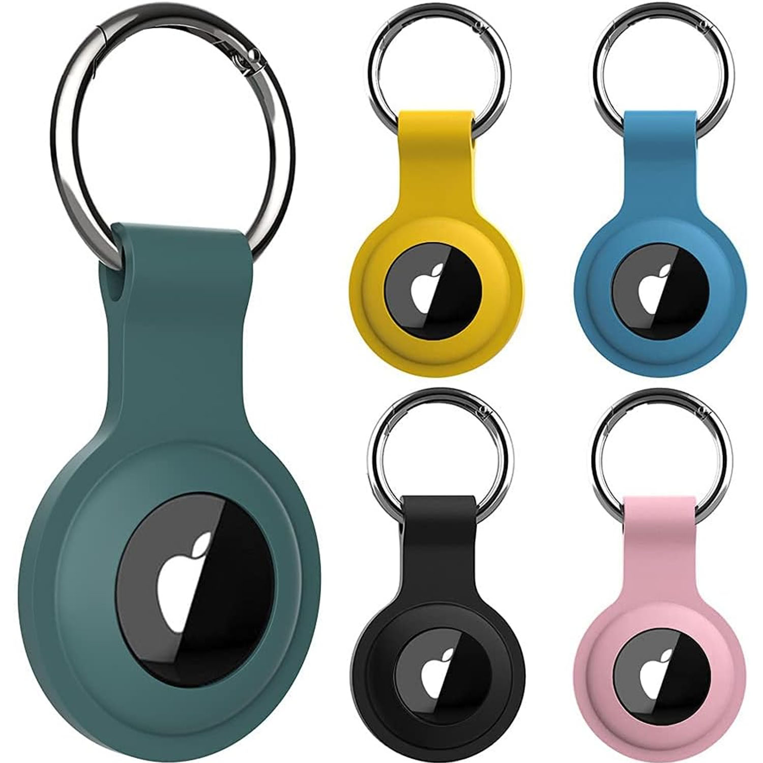 Schlüsselanhänger in verschiedenen Farben: Türkis, Gelb, Blau, Schwarz und Rosa. Jeder hat einen Metallring.