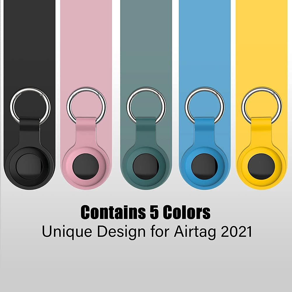 Fünf farbige AirTag-Halterungen mit Schlüsselringen. Text: Enthält 5 Farben, einzigartiges Design für AirTag 2021.