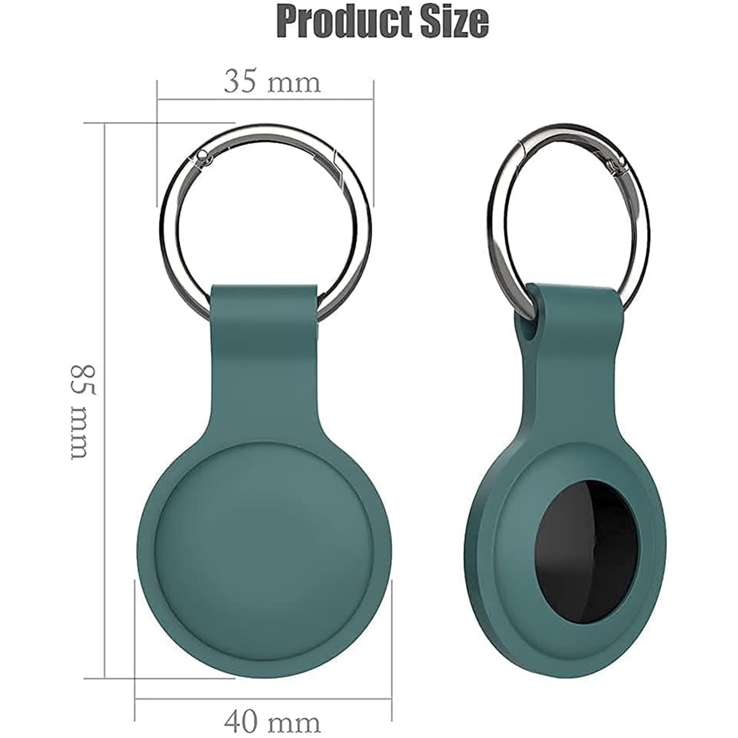 Zwei grüne AirTag-Halter mit silbernen Ringen. Abmessungen: 85 mm hoch, 40 mm breit, 35 mm Ringdurchmesser.