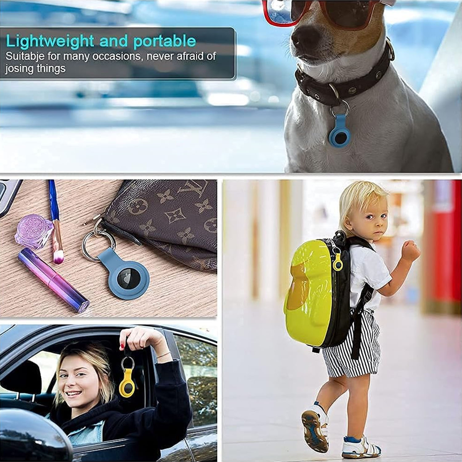 Hund mit blauem Tracker. Fotos von Artikeln mit Trackern, und ein Junge mit Rucksack.