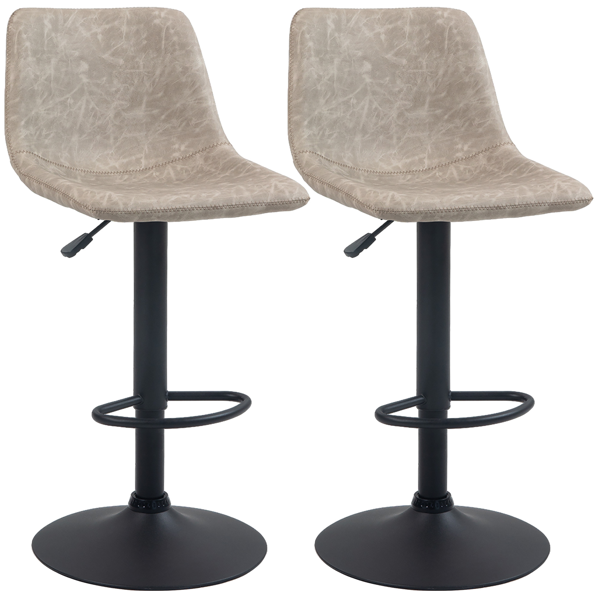 Zwei beige Barhocker mit schwarzen Untergestellen und Fußstützen. Die Sitze haben Steppdetails.