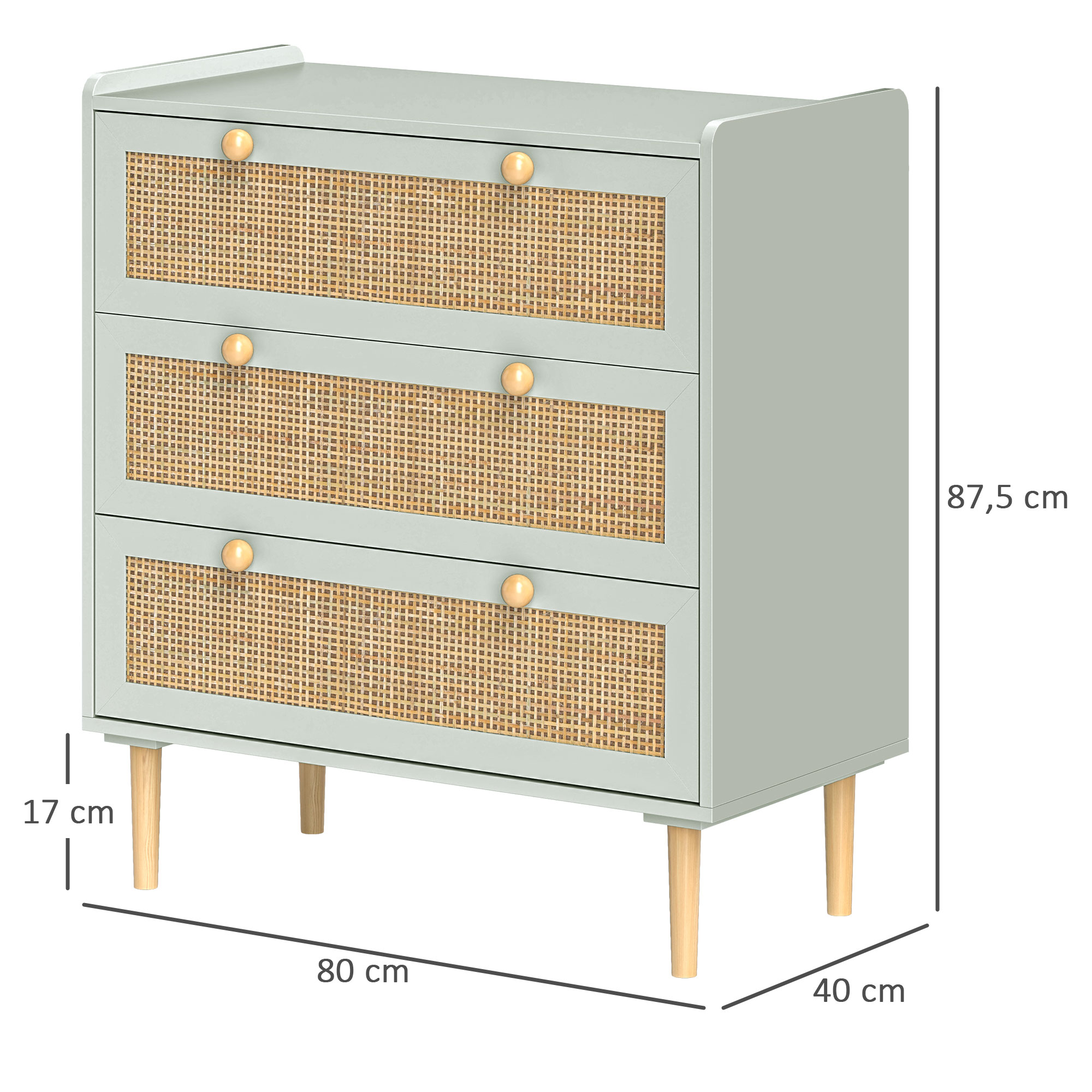 Mintgrüner Schrank mit drei Rattan-Schubladen, Abmessungen sind angegeben. Höhe 87,5 cm, Breite 80 cm.