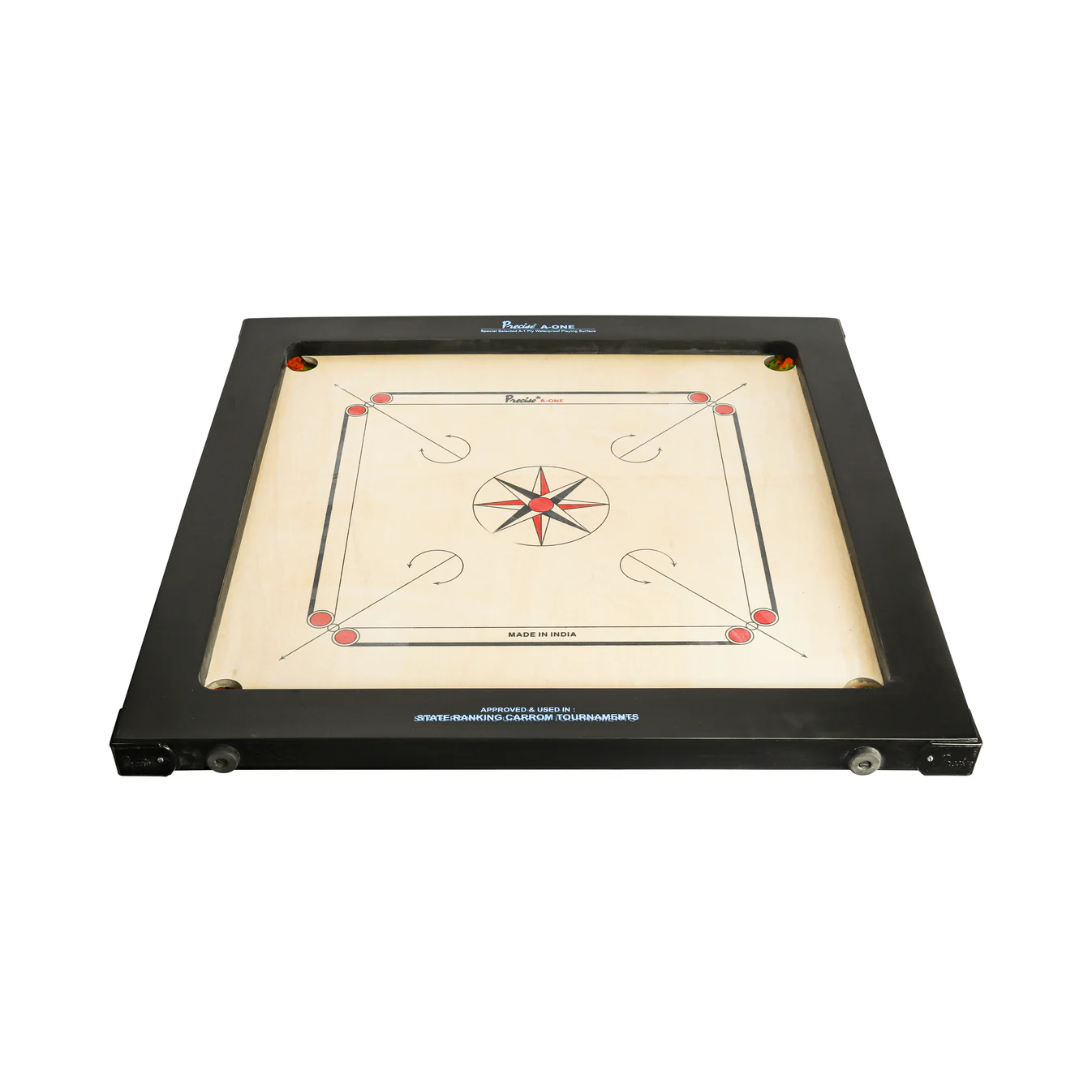Ein schwarzes Carrom-Board mit roten und weißen Markierungen, umgeben von einem schwarzen Rahmen, auf weißem Grund.