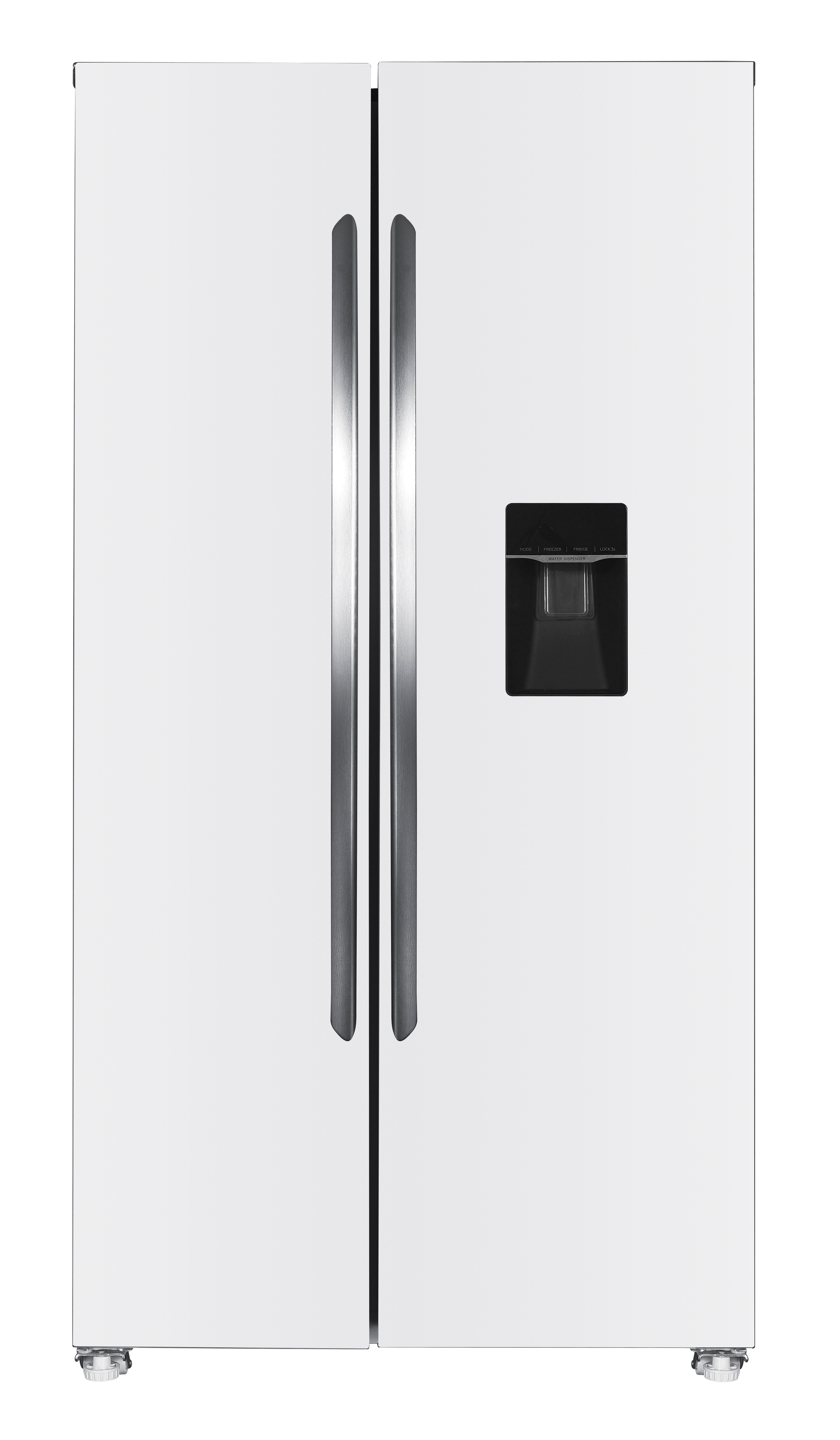 Weißer Side-by-Side-Kühlschrank mit zwei silbernen Griffen und einem schwarzen Wasserspender.
