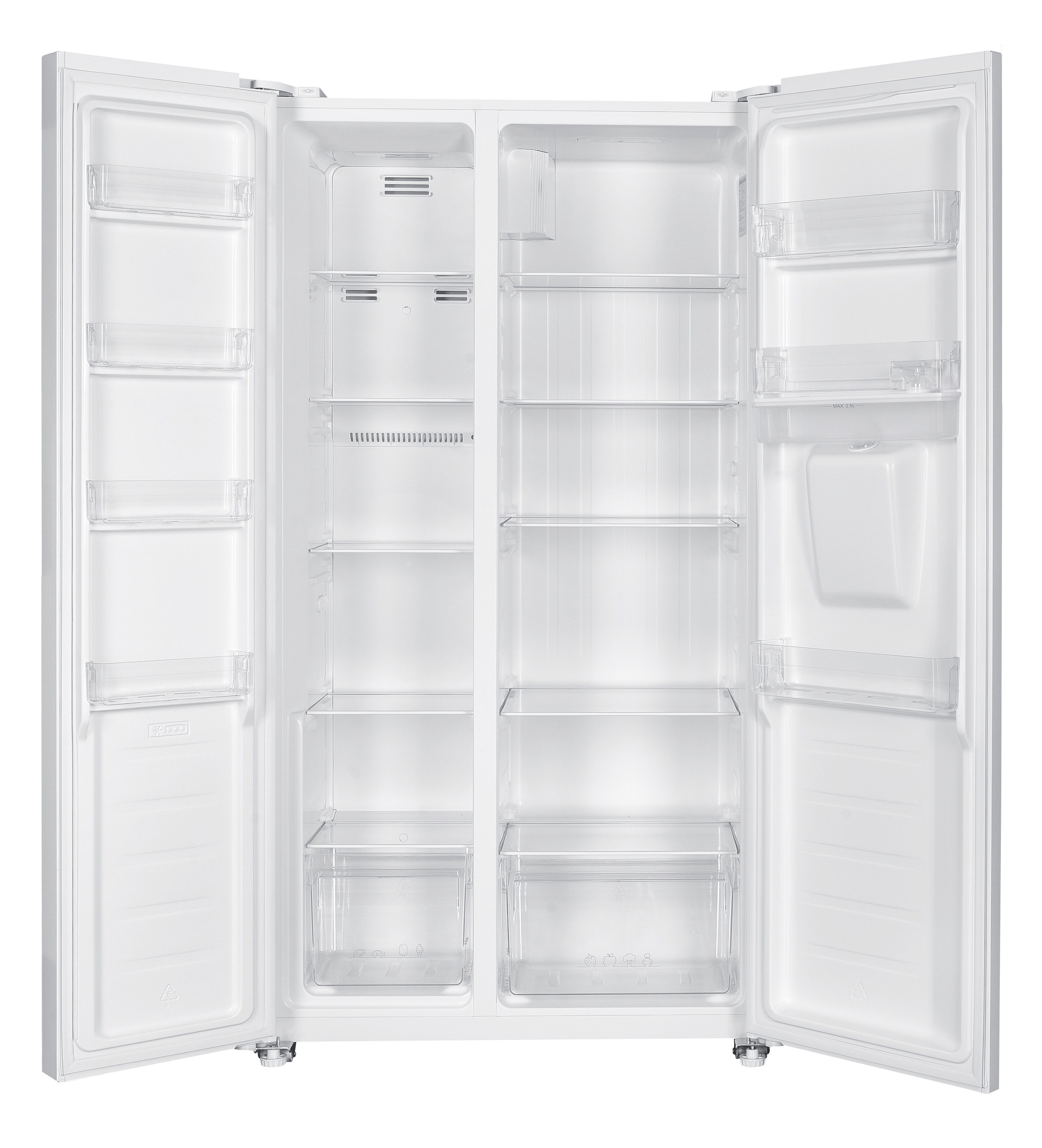 Ein offener, leerer weißer Kühlschrank mit transparenten Regalen, Schubladen und weißem Innenraum.