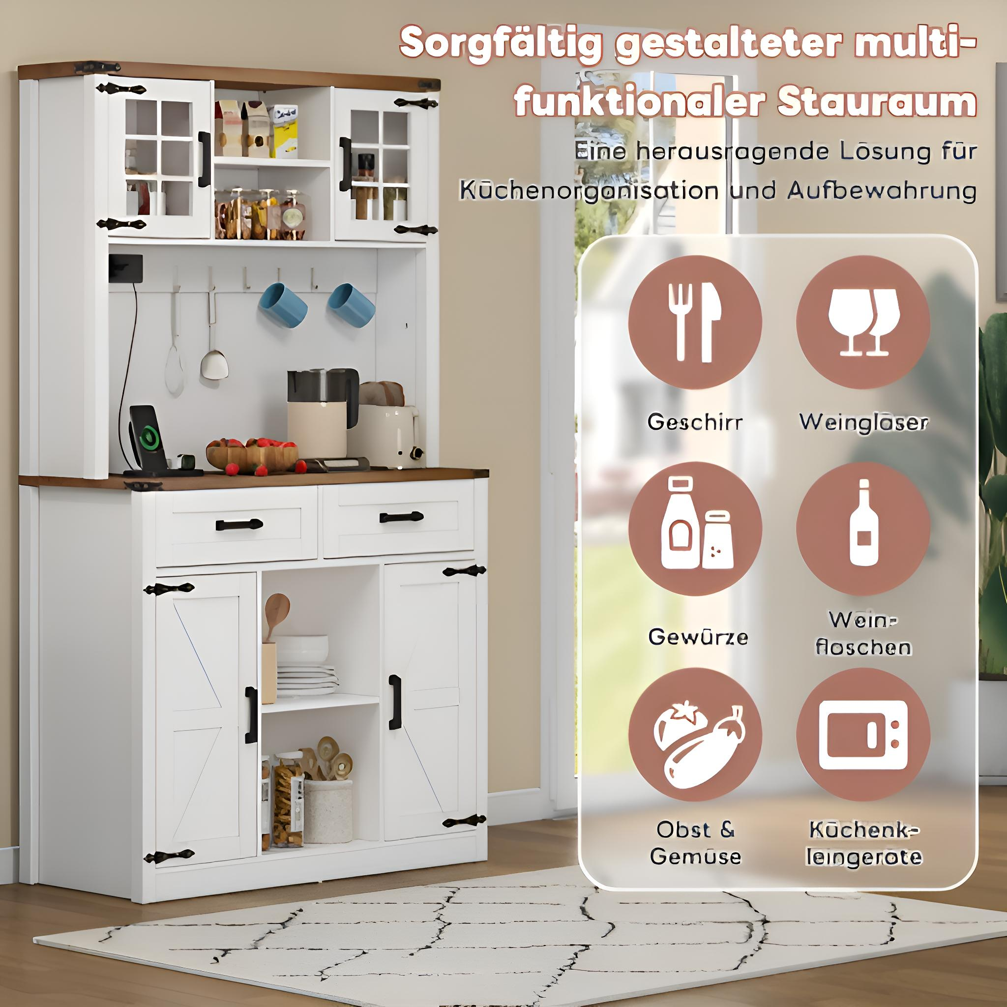 Ein weißer Küchenschrank mit mehreren Fächern, Schubladen und Dekorationen, mit einem großen Diagramm.