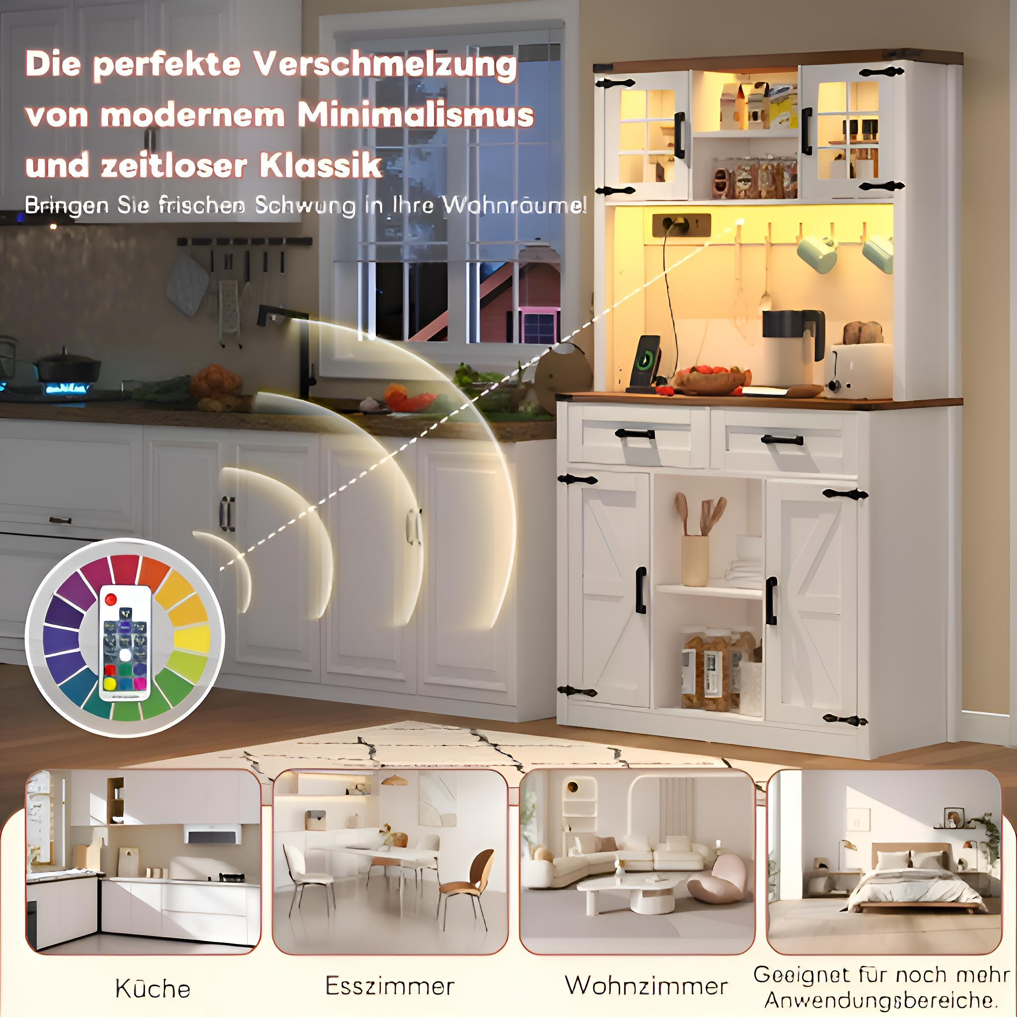 Eine Küche mit weißen Schränken, einer farbenfrohen Lichtanzeige und vier kleineren Bildern, die verschiedene Räume zeigen.