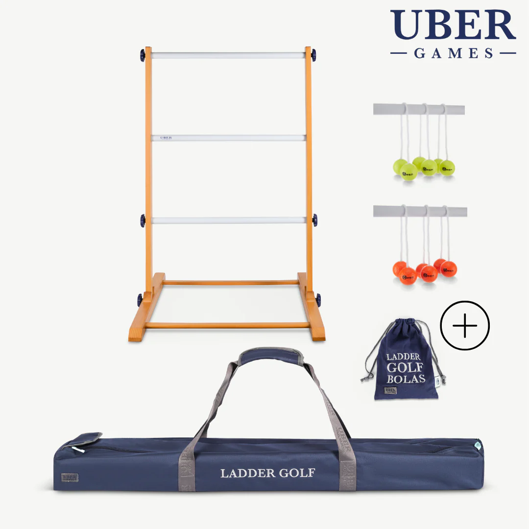 Ein Leitergolf-Set mit Leiter, Bolas und einer Tragetasche, auf weißem Hintergrund mit einem Pluszeichen.
