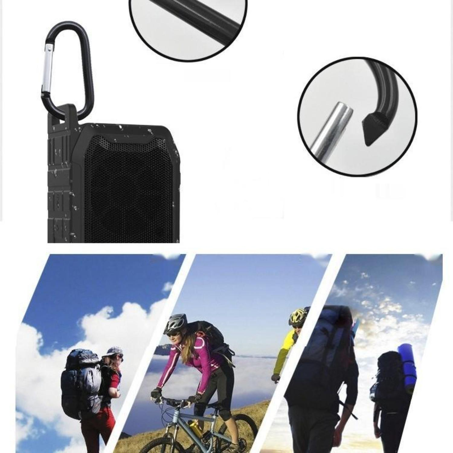 Tragbarer Lautsprecher mit Karabiner. Zeigt Wanderer, Radfahrer und Rucksacktouristen.
