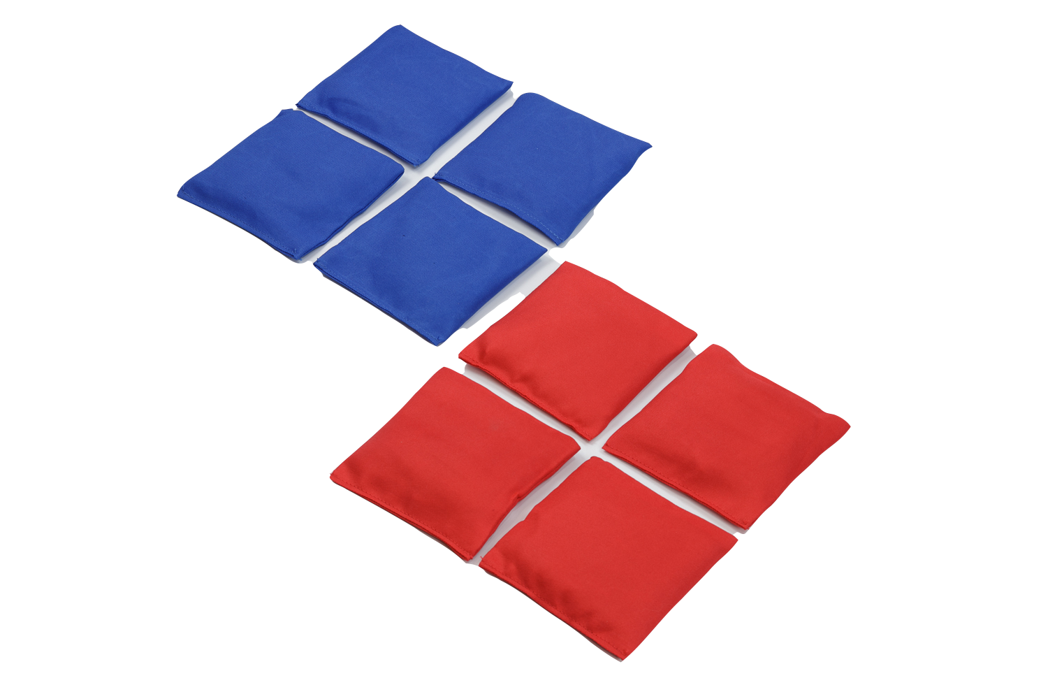 Sechs Beanbags, drei blaue und drei rote, rautenförmig auf schwarzem Hintergrund angeordnet.