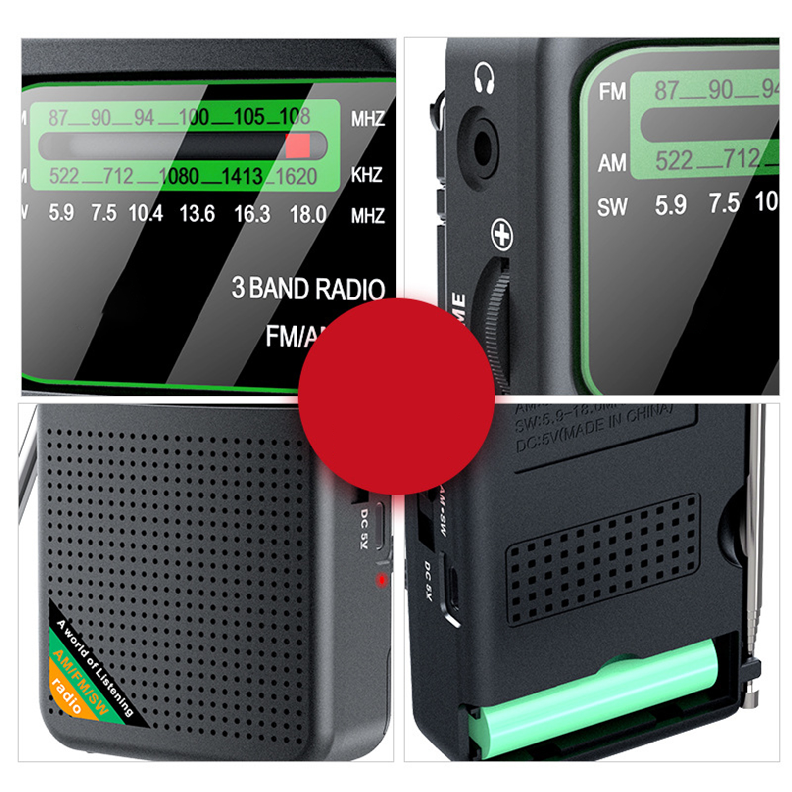Schwarzes Radio mit Digitalanzeige. Der Bildschirm zeigt Radiofrequenzen und eine Uhr. Das Radio hat eine Handschlaufe.