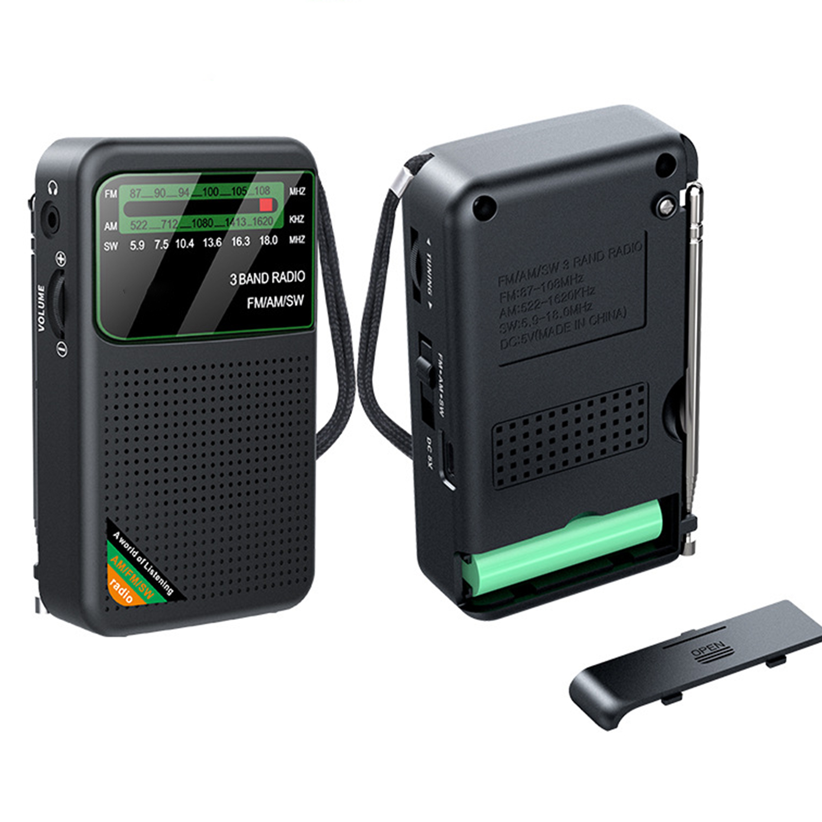 Zwei tragbare Radios. Eines ist geöffnet. Das andere ist geschlossen. Beide sind schwarz.