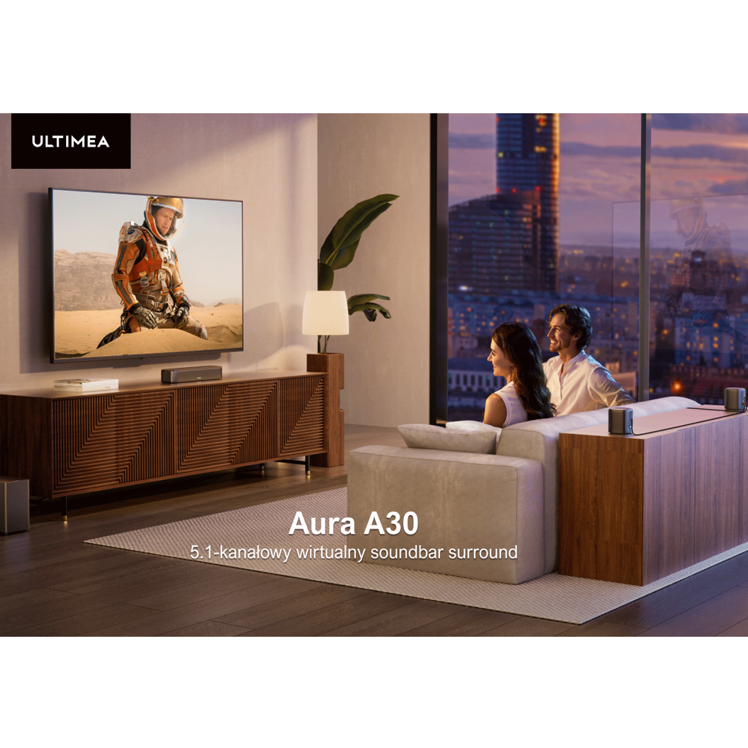 Nowoczesny salon z telewizorem, soundbarem i ludźmi. Pokój jest stylowy.