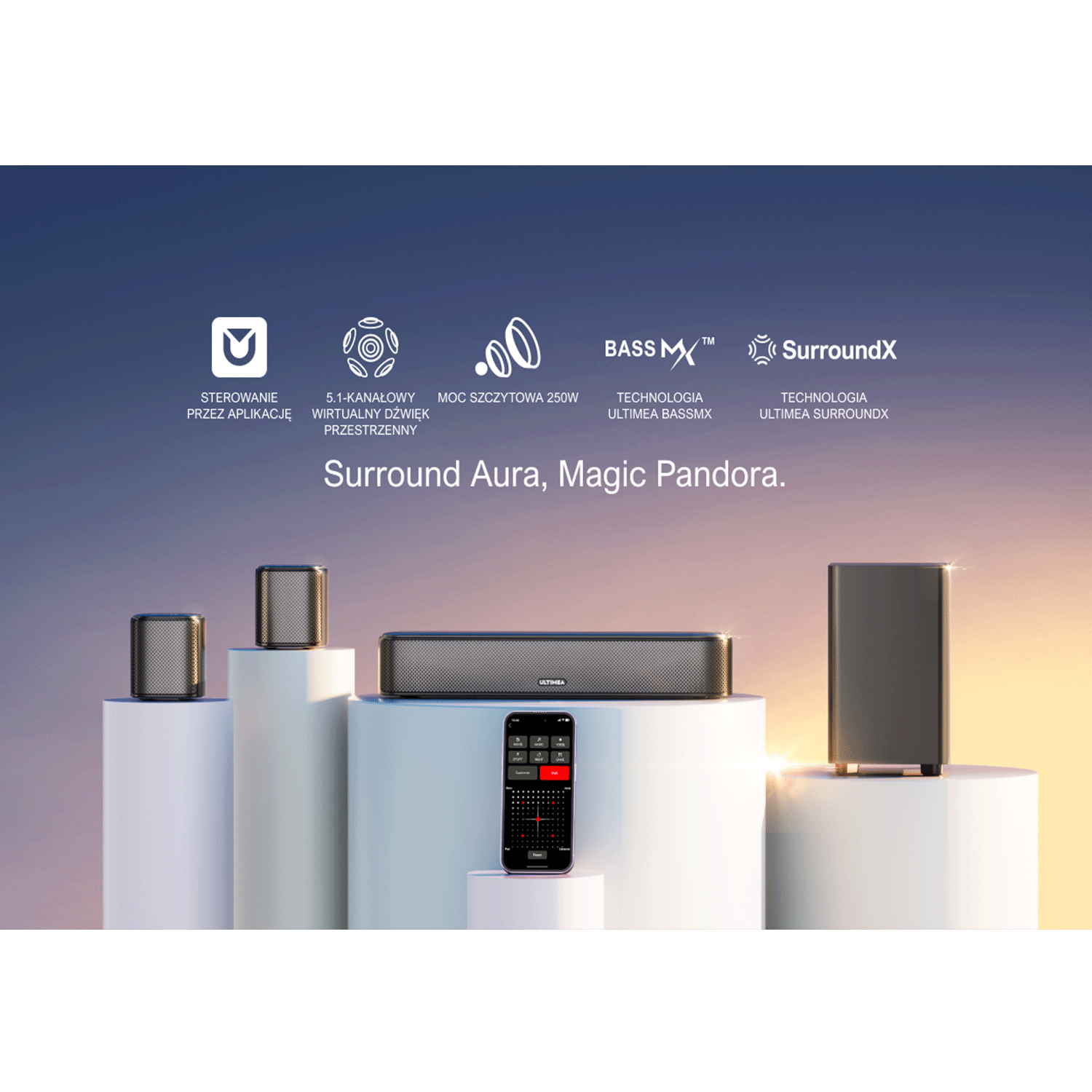 Nowoczesny domowy system dźwiękowy z soundbarem, głośnikami i telefonem z ustawieniami. Czyste białe tło.